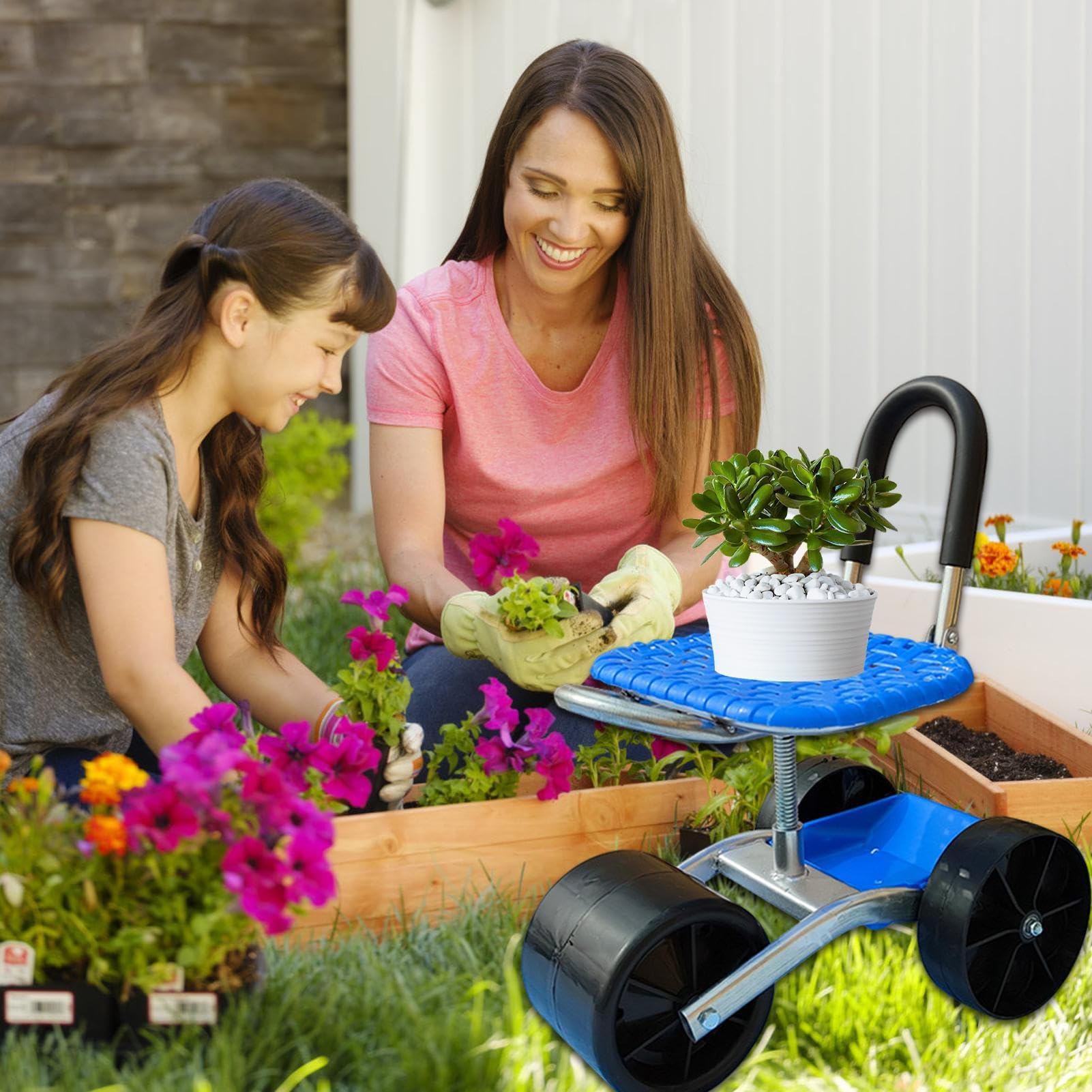 Carrello da Giardino con Sedile 360° Girevole, Altezza Regolabile | Sedia per Giardinaggio con Ruote Sedia girevole, altezza regolabile, ruote per prato, cortile, campeggio e garage