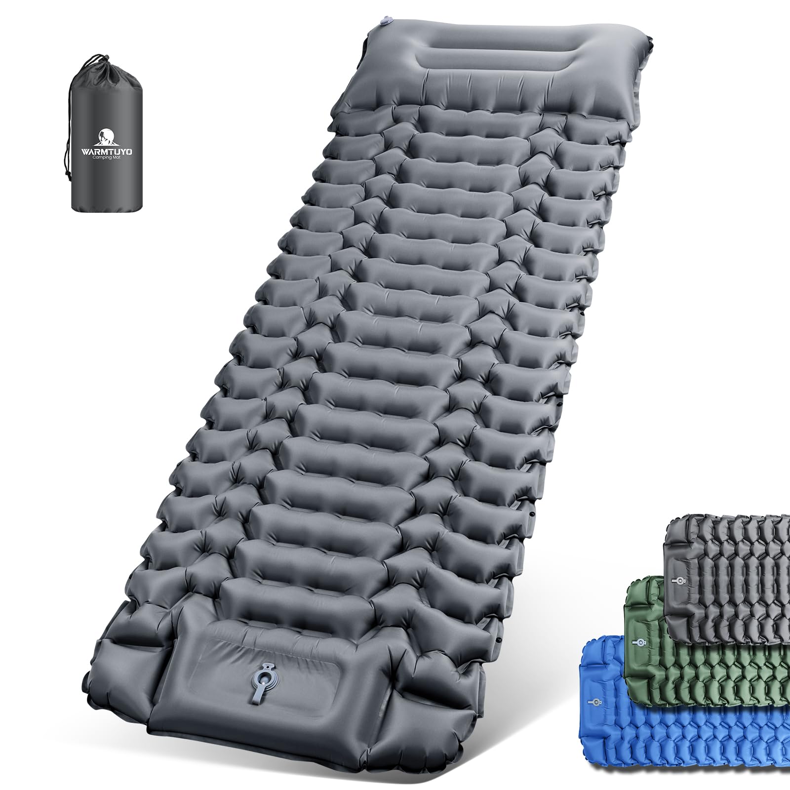 WARMTUYO Isomatte Camping, Ultraleicht Camping Aufblasbare Matratze mit Fußpresse Pumpe und Kopfkissen, Faltbare Wasserdicht Luftmatratze Anti-Ripstop Schlafmatte für Wandern, Strand, Outdoor