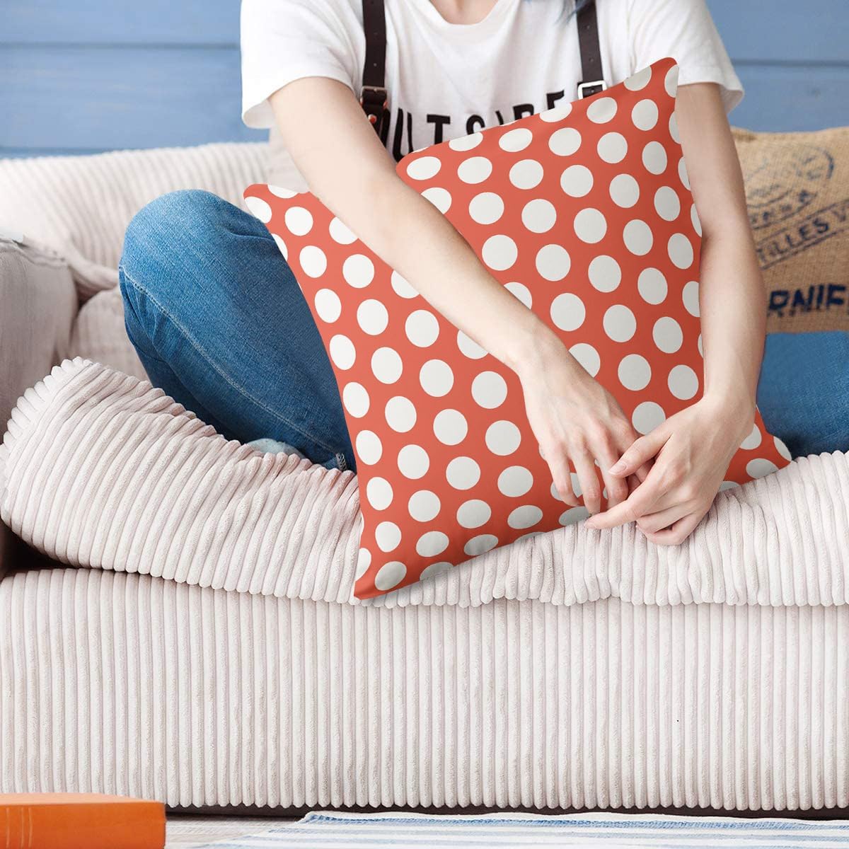 Coral Red White Polka Dot Pillow Covers 20x20 inch Soft Square Decorative Throw Pillow Covers for Sofa Couch Farmhouse Home Decorations