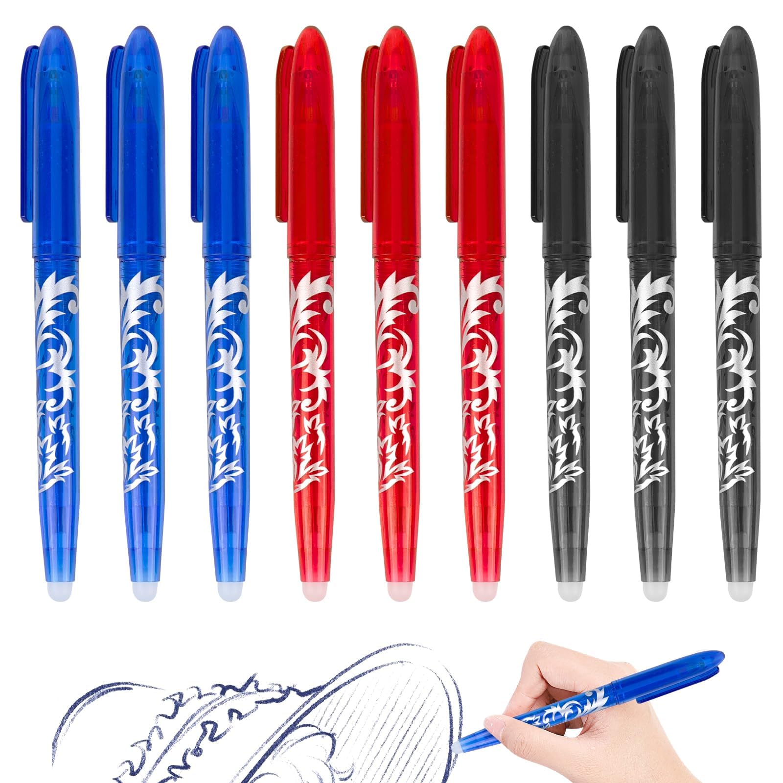 Bolígrafo de gel borrable, 9 bolígrafos borrables, bolígrafo Erasable Pen de 0,5 mm, bolígrafo Friction para artículos escolares, suministros de oficina, estudiantes, azul/negro/rojo
