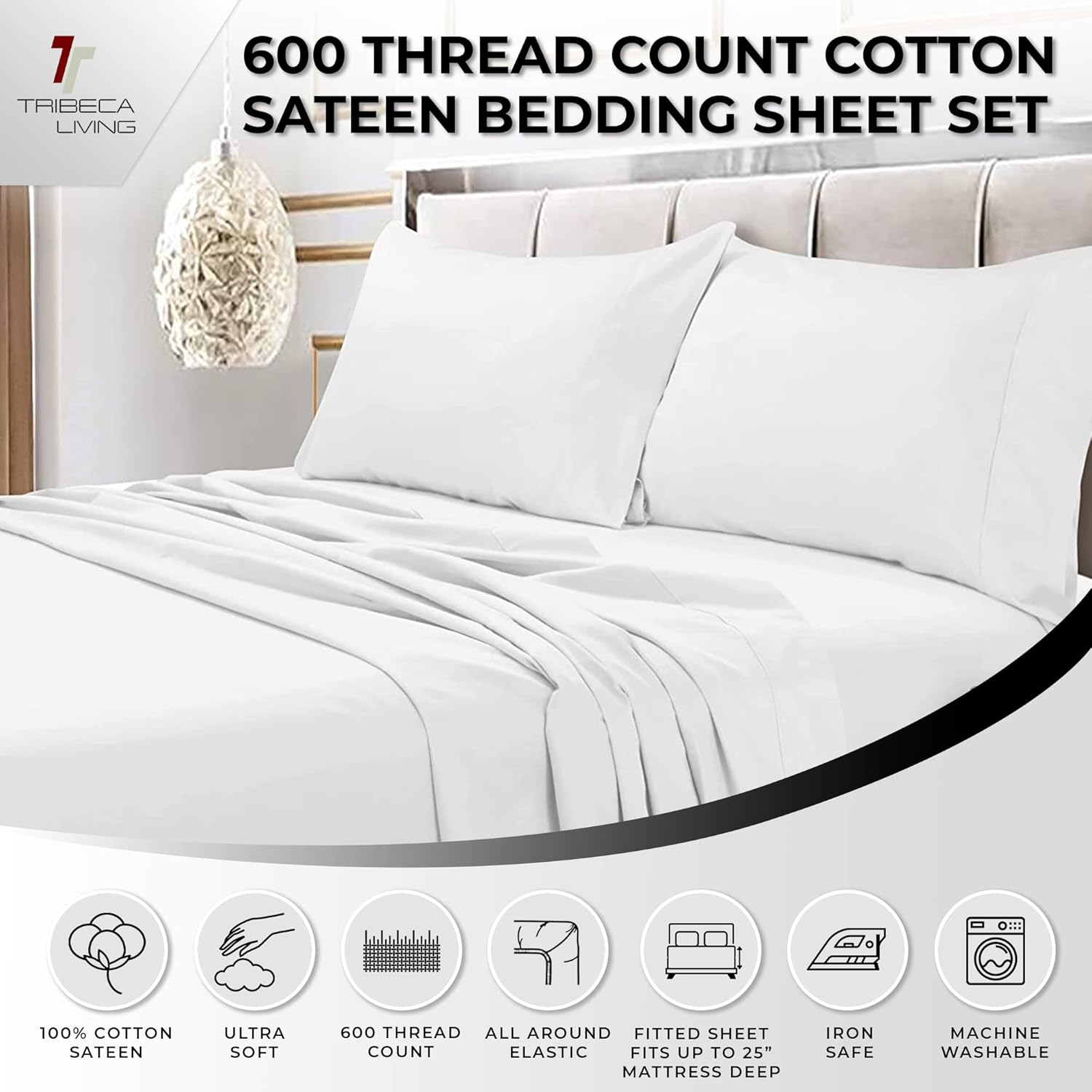 Tribeca Living 600 Thread Count Egyptian Cotton Deep Pocket Sheet Set with Bonus Pillowcases, King, White - Image 4