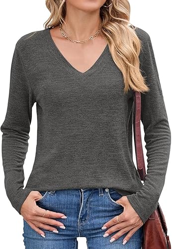Womens V-Neck Long Sleeve Shirts Basic Spring Fall Pullover Tops Lightweight Blouses Casual Fashion Trendy Clothes (Dark Grey,Small)