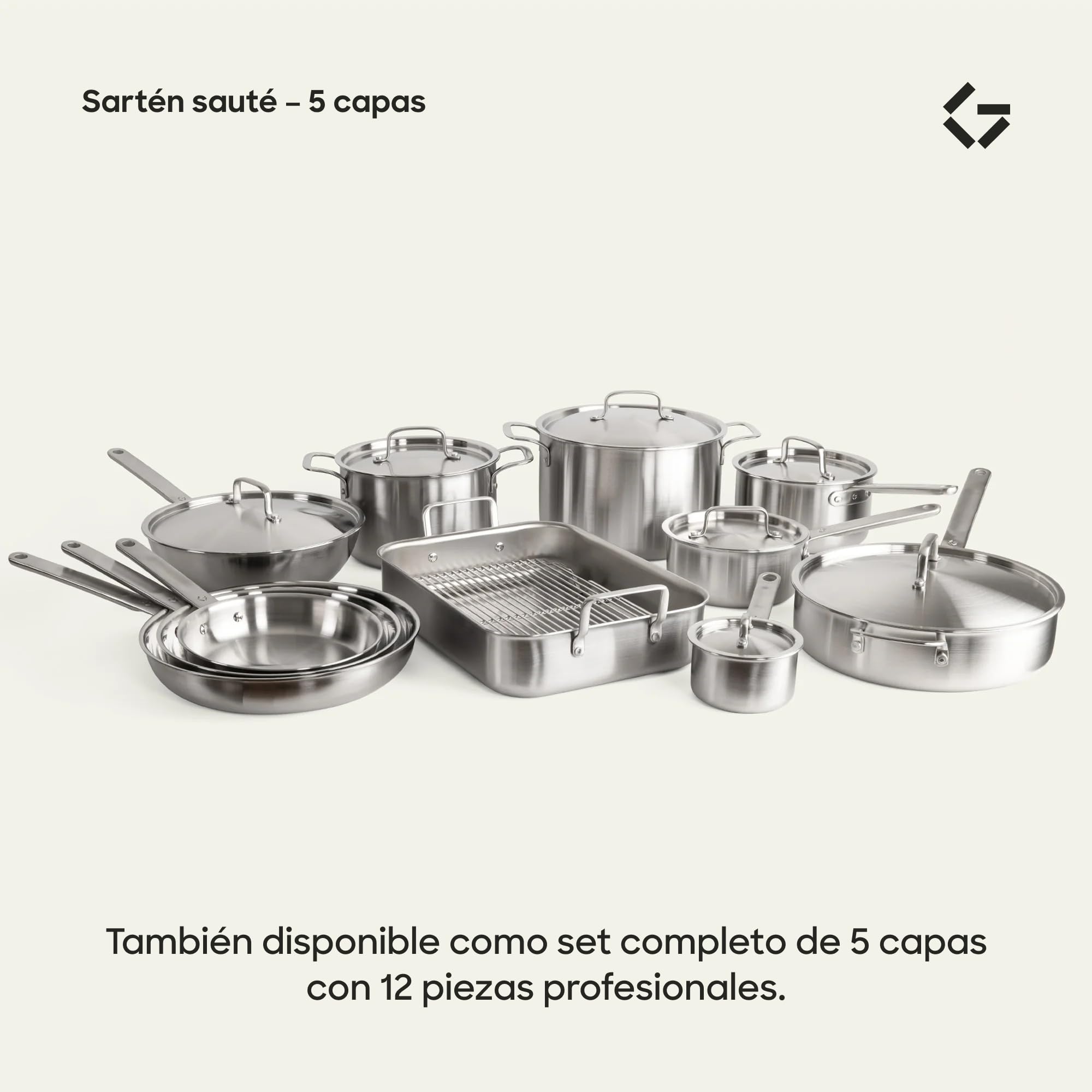 Gastrotools Sartén de acero inoxidable de 28 cm con tapa, sartén de acero inoxidable de 5 capas, sartén universal con asa CoolGrip, libre de PFAS, apta para todo tipo de cocinas