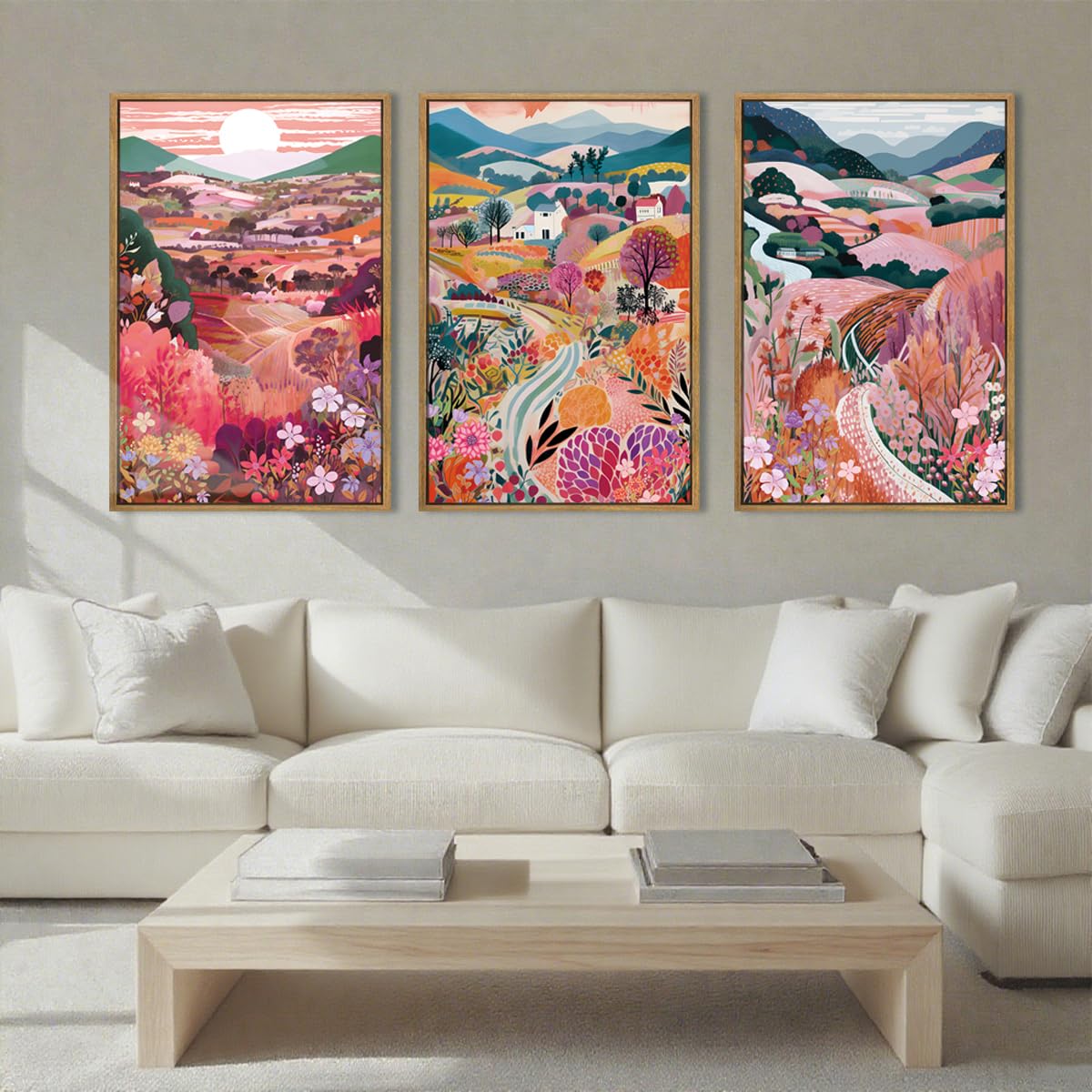 Anyzal Large Colorful Mountain Floral Wall Art Framed Pink Nature Landscape Painting Sunset Scenery Wall Decor for Living Room Bedroom Office 16x24 Inch Set of 3