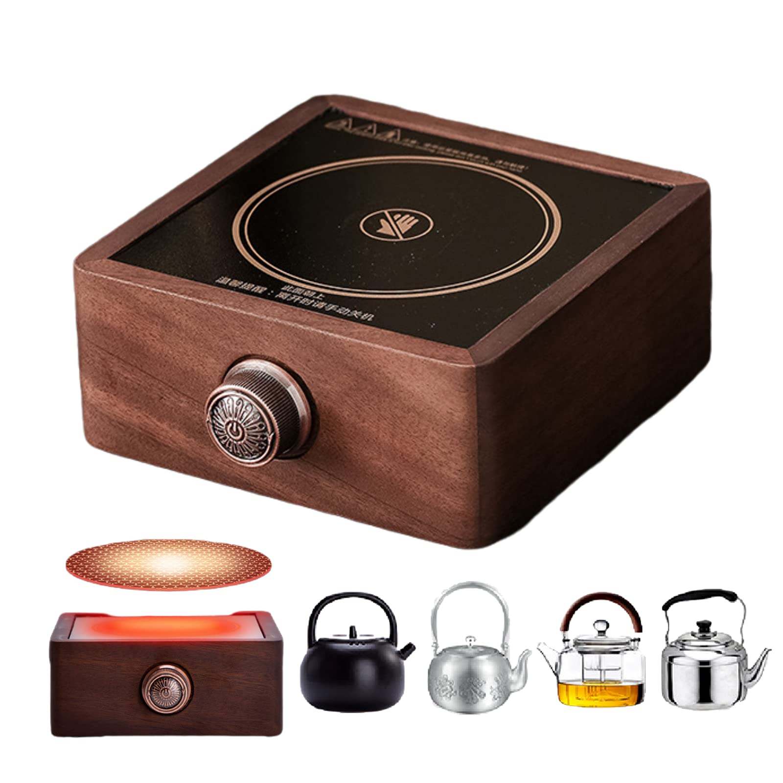 Electric Kettle - Real Walnut Wood, 6 Levels Control Electric Tea Coffee Kettle, Electromagnetic Furnace, Safe First, 600kW. 900ml Tea Kettle Stovetop for Family (Hot Plate)