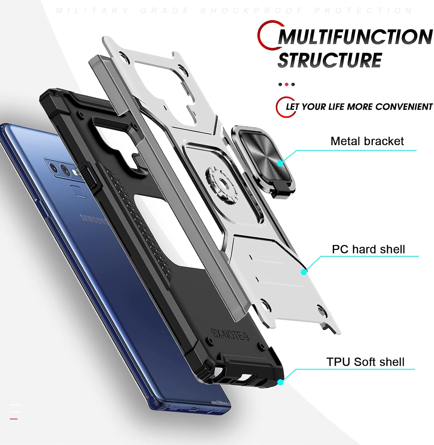 LeYi Galaxy Note 9 Case, Samsung Galaxy Note 9 Case for Men Women with [2 x 3D Curved Screen Protector], [Military-Grade] Protective Phone Cover Case with Ring Kickstand for Samsung Note 9, Silver…