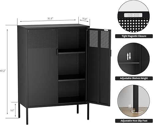 Miniatura 3 de Armario de almacenamiento de metal negro, armario de almacenamiento de casillero de metal con puertas y estantes, armario de almacenamiento