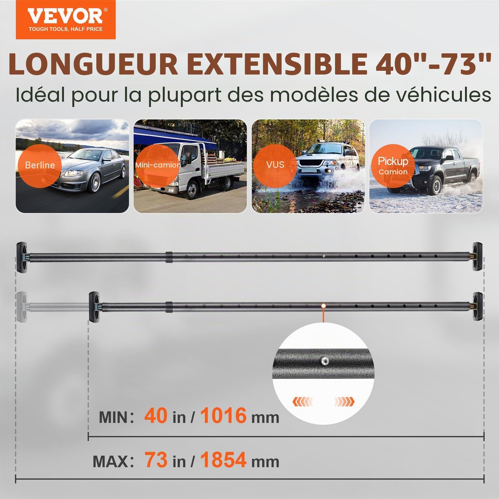 VEVOR Barre de Calage, Barre d'Arrimage à Cliquet Réglable de 101,6 à 185,4 cm, Barre Stabilisatrice de Chargement Robuste avec Capacité de 100 kg, pour Lit de Camion Fourgon, Remorque, Pickup