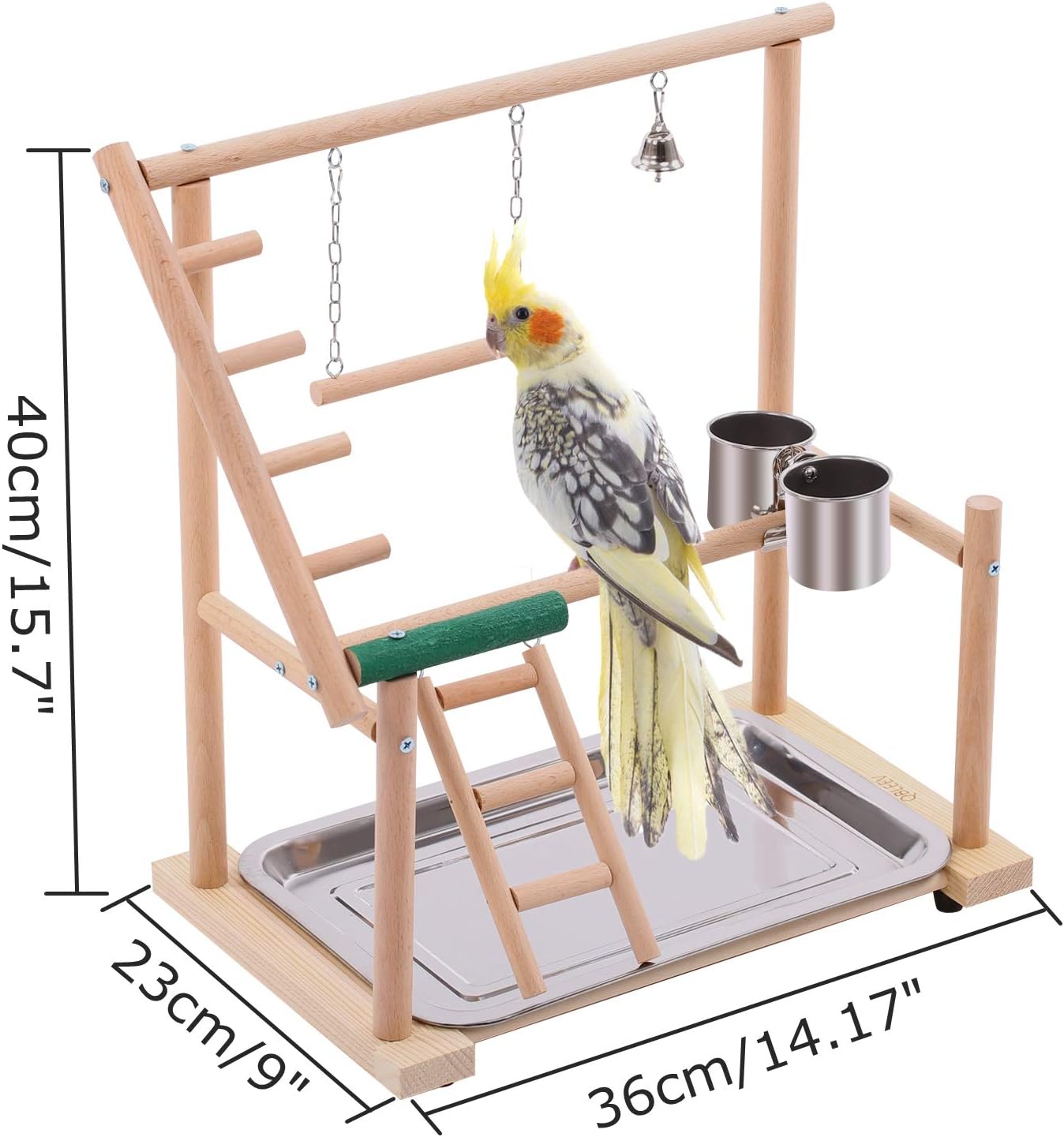 QBLEEV Bird Play Stand Parrots Playground Wooden Stick Perch，Bird Playpen Exercise Gym with Ladder Feeder Cup Bell Swing，Parrot Play Climb Gym for Parakeet Cockatiel Conure(Include a Tray) : Pet Supplies
