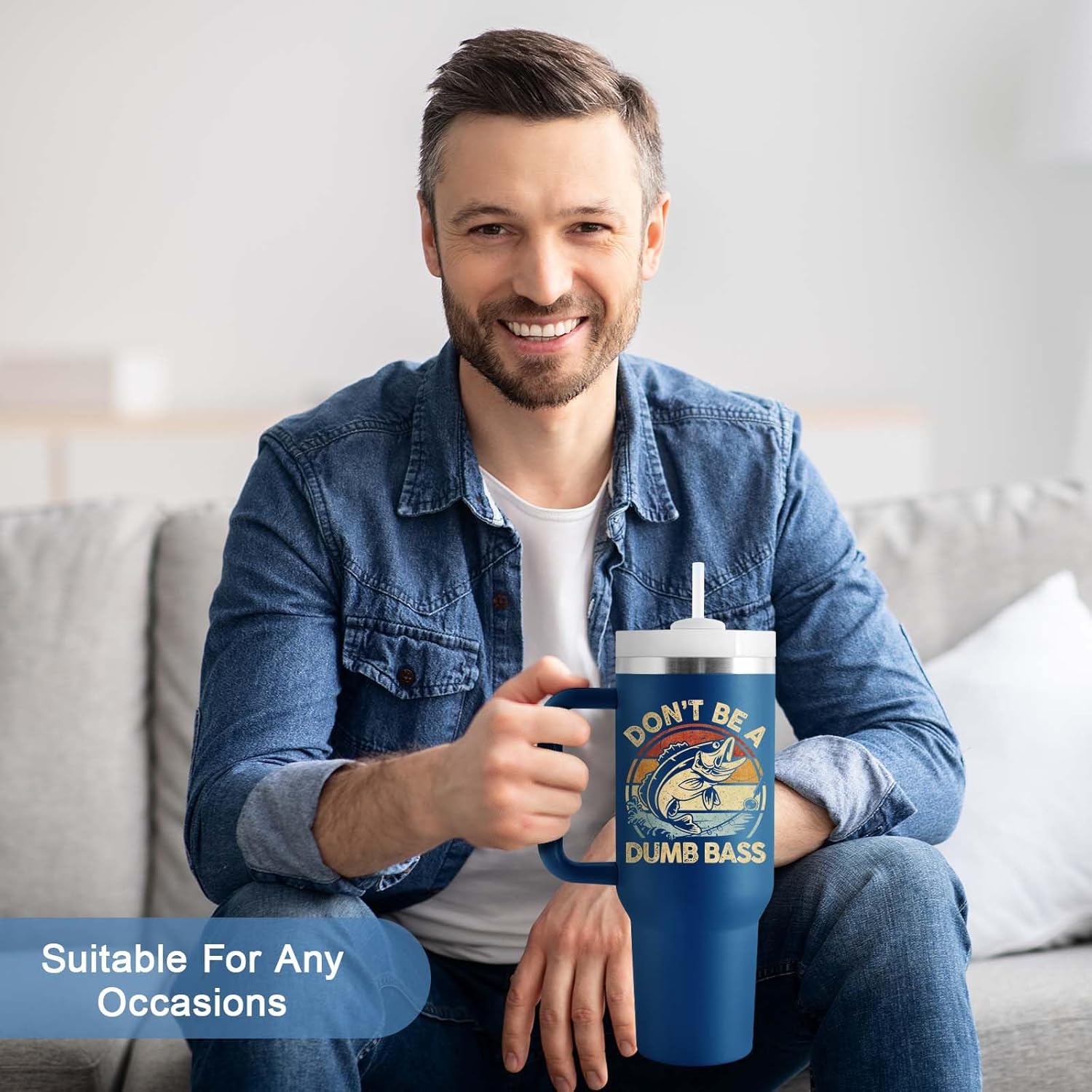 Fishing Gifts for Men Dad Fisherman- Fishing Stuff for Men, 40oz Travel Cup Insulated Tumbler with Handle & Straw