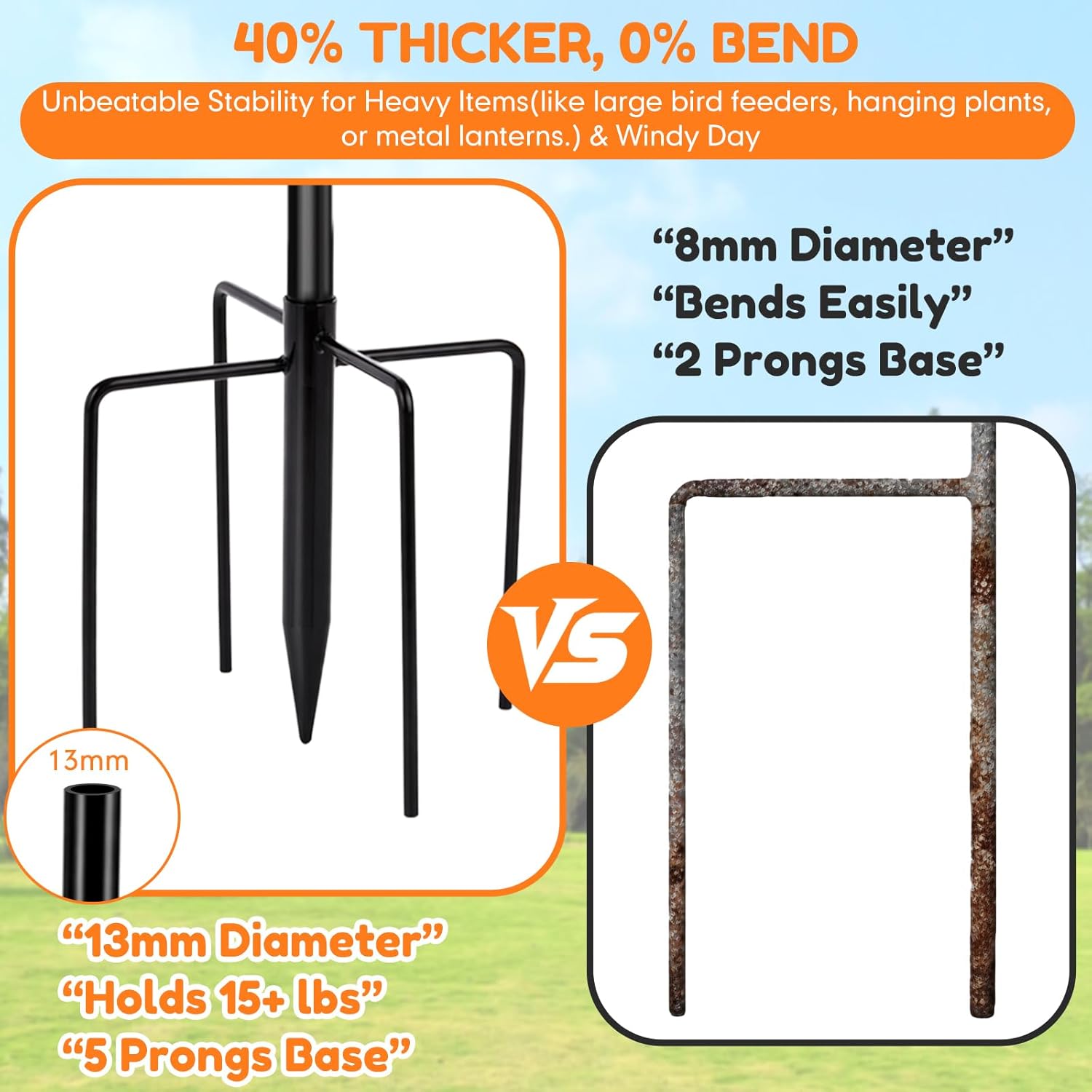 Therwen 8 Pack 48 Inch Heavy Duty Shepherds Hooks for Outdoor 1/2 Inch Thick Adjustable Rust Resistant Shepherds Hooks with 5 Prong Base Metal Bird Feeder Pole for Hanging, Plants, Solar Lights, Black