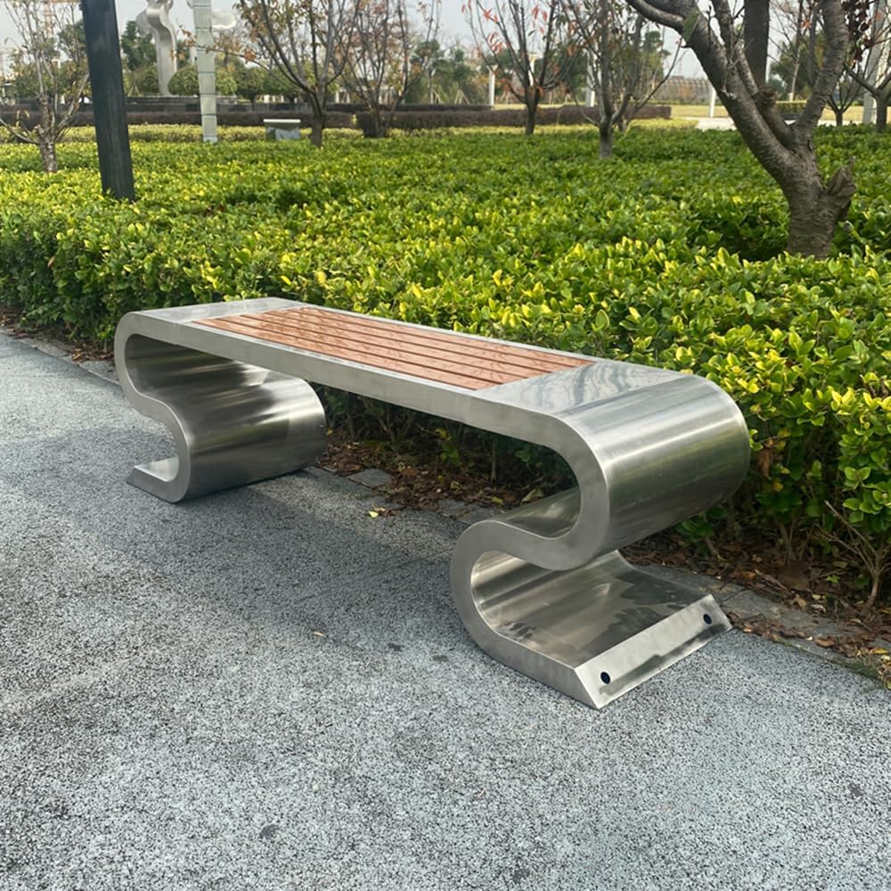 LITFAD Outdoor Indoor Bench Stainless Steel Metal Park Bench with Waterproof Brown Wood Seating Modern Garden Bench for Patio, Lawn, Yard, Porch - Type B 47" L x 16" W x 18" H