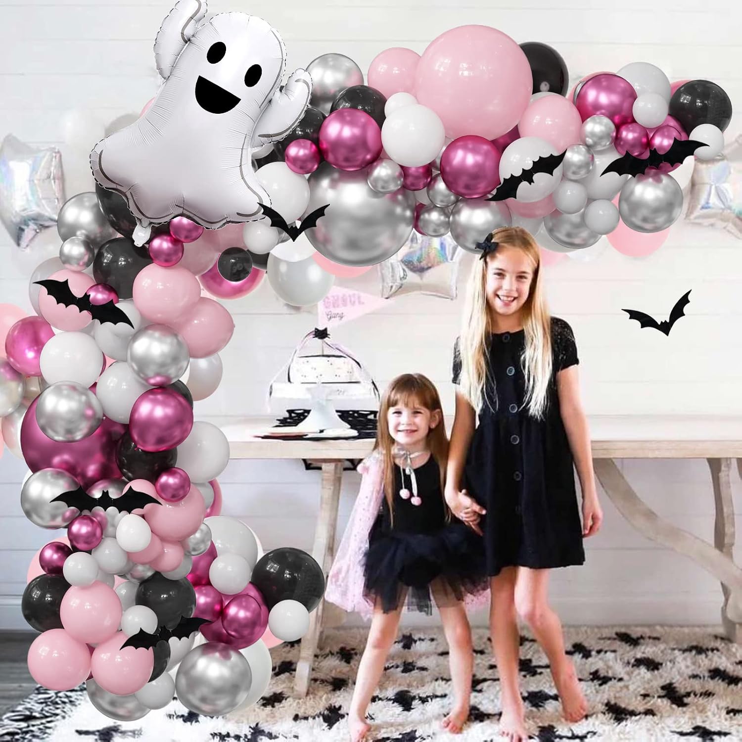OuMuaMua Pink Halloween Balloon Garland Kit for Girls - 175Pcs Grey, White, Black Balloons, 3D Bat Stickers & Ghost Balloon - Birthday Party Decorations image 2