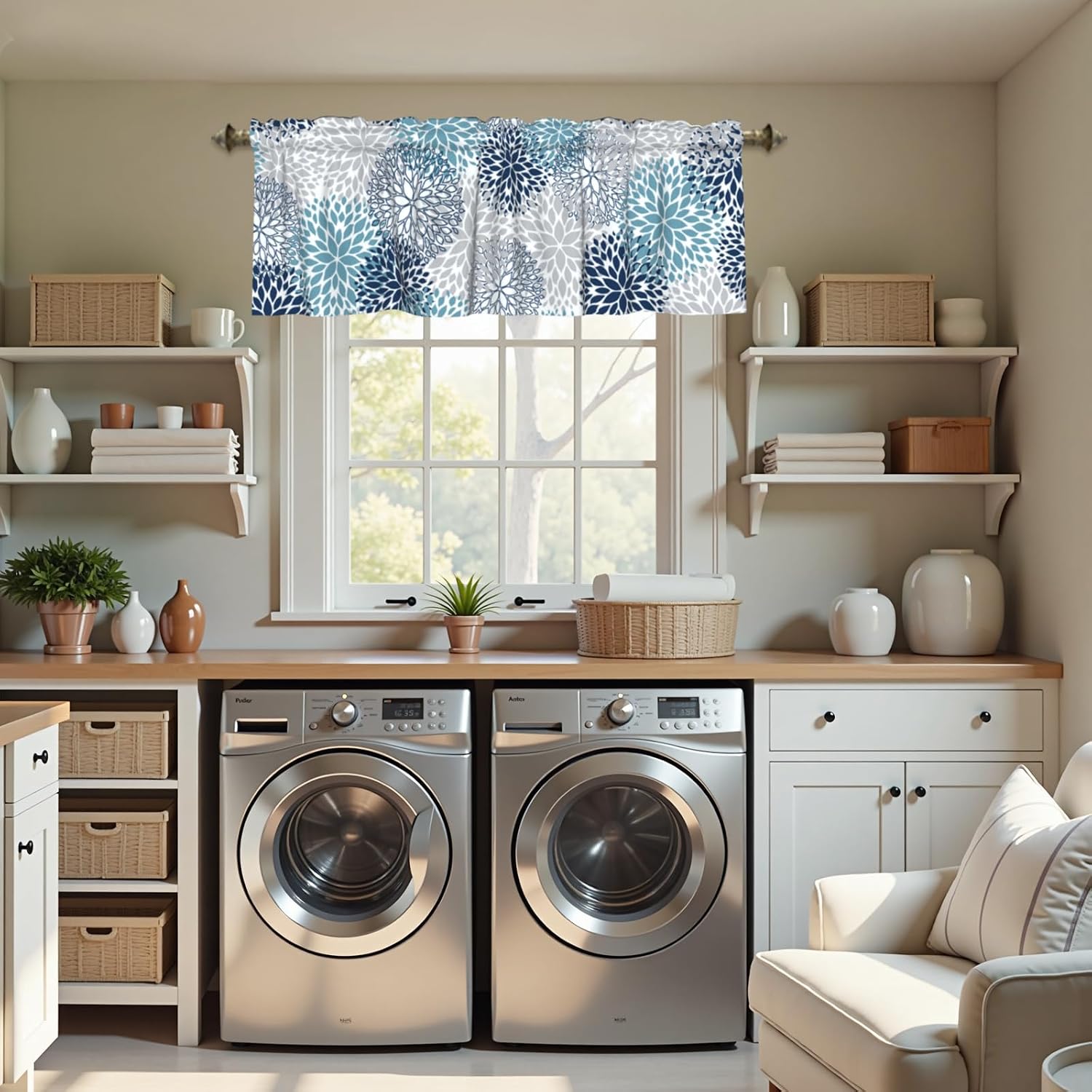 Blue Gray Dahlia Valances Curtain for Kitchen Navy Blue Flowers Short Curtains 54x18 Inch with 3 inch Rod Pocket Windows Treatment Boho Floral Home Decorations for Bathroom Living Room