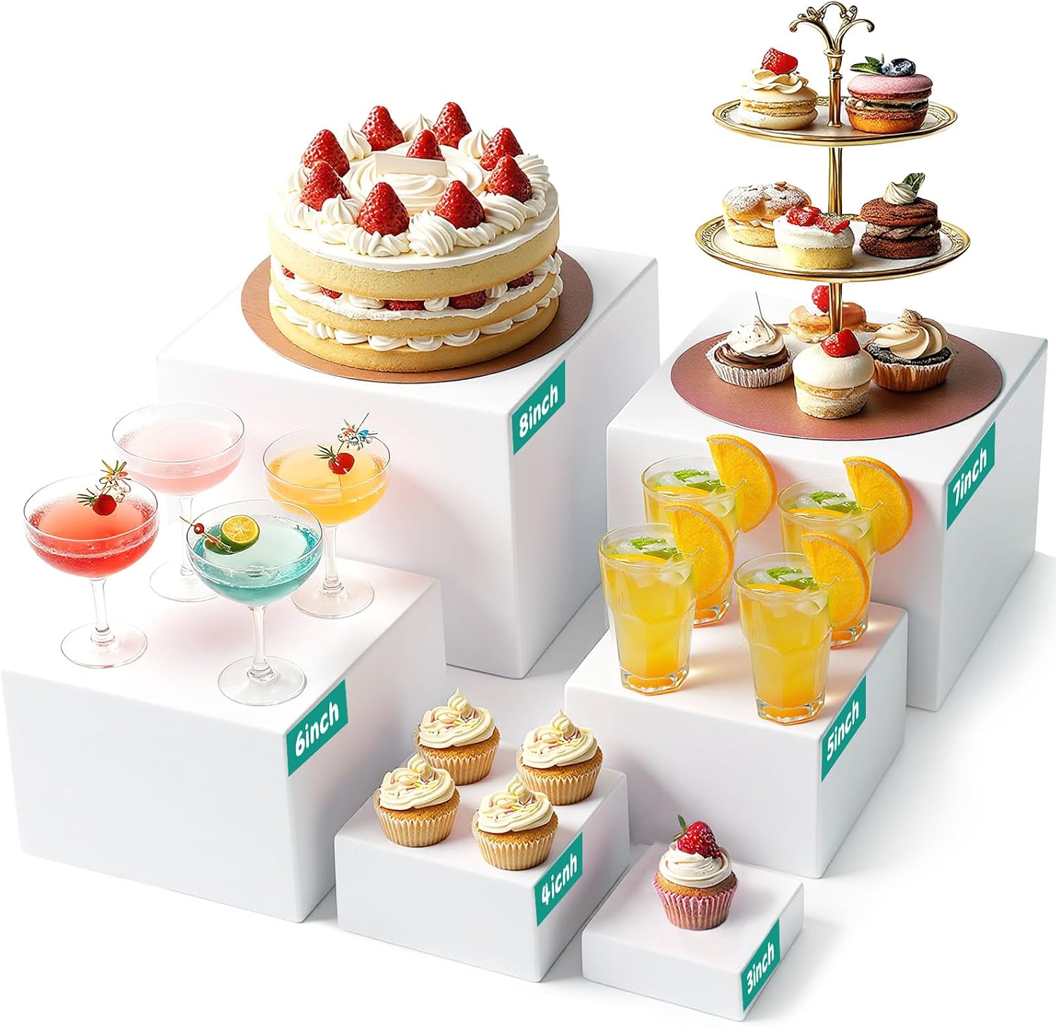 6PCS Buffet Risers, White Acrylic Food Display Boxes for Buffet Table, Party or Dessert, Cube Riser Stand for Catering, Jewelry, Collectibles, Stackable Nesting Sizes 10", 9",8", 7", 6", 5" (large)