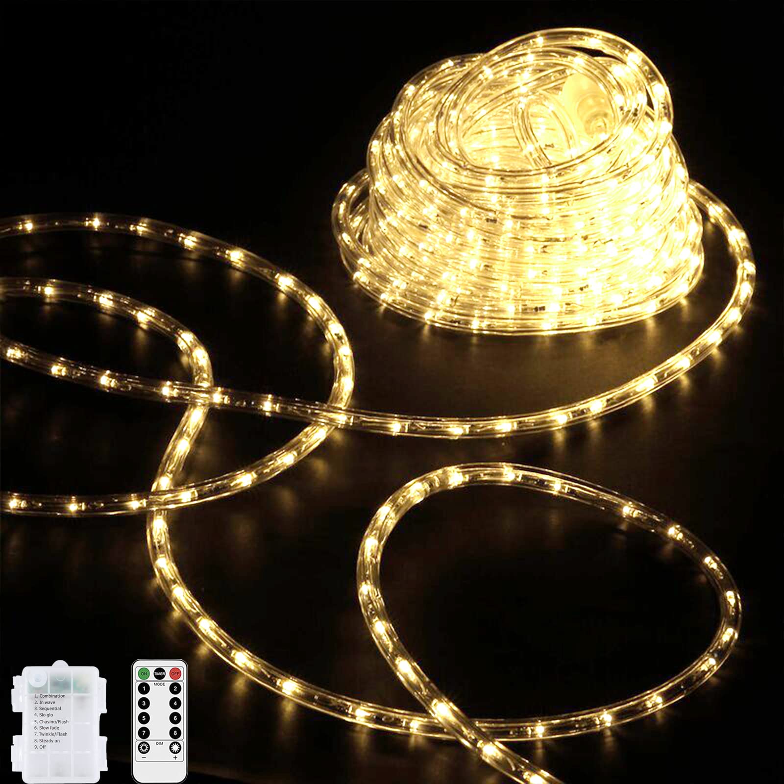 Fairy String Rope Lights Rolesde Battery Operated Strip Light with Timer&Remote 33 Feet 100 LED Indoor Outdoor Waterproof 8 Modes Genie le Christmas Decoration Lamp (Warm White, 1)