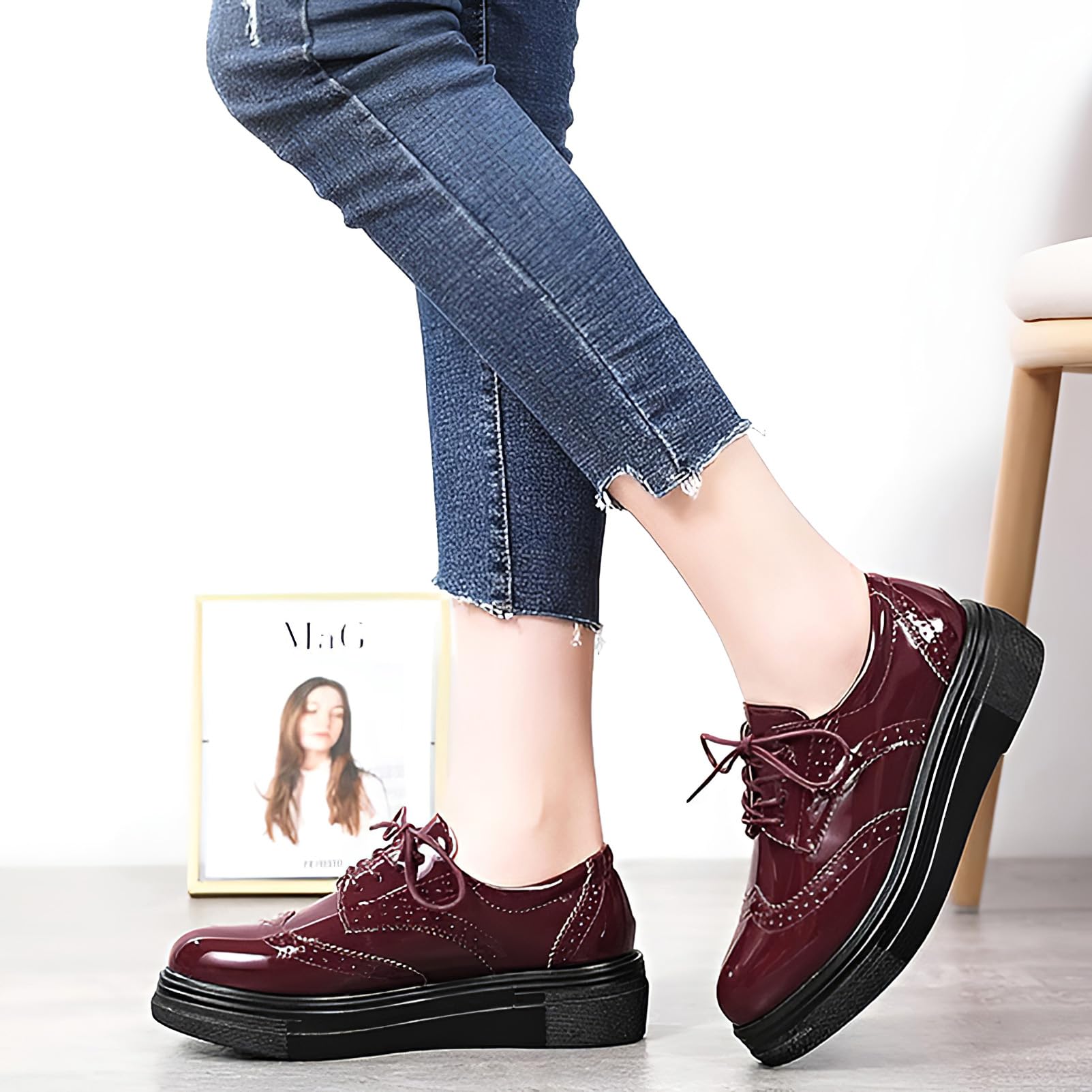 ANUFER Mujeres Elegante con Cordones Brogues Plataforma Piel Sintética de Charol Casual Zapatillas Deportivas