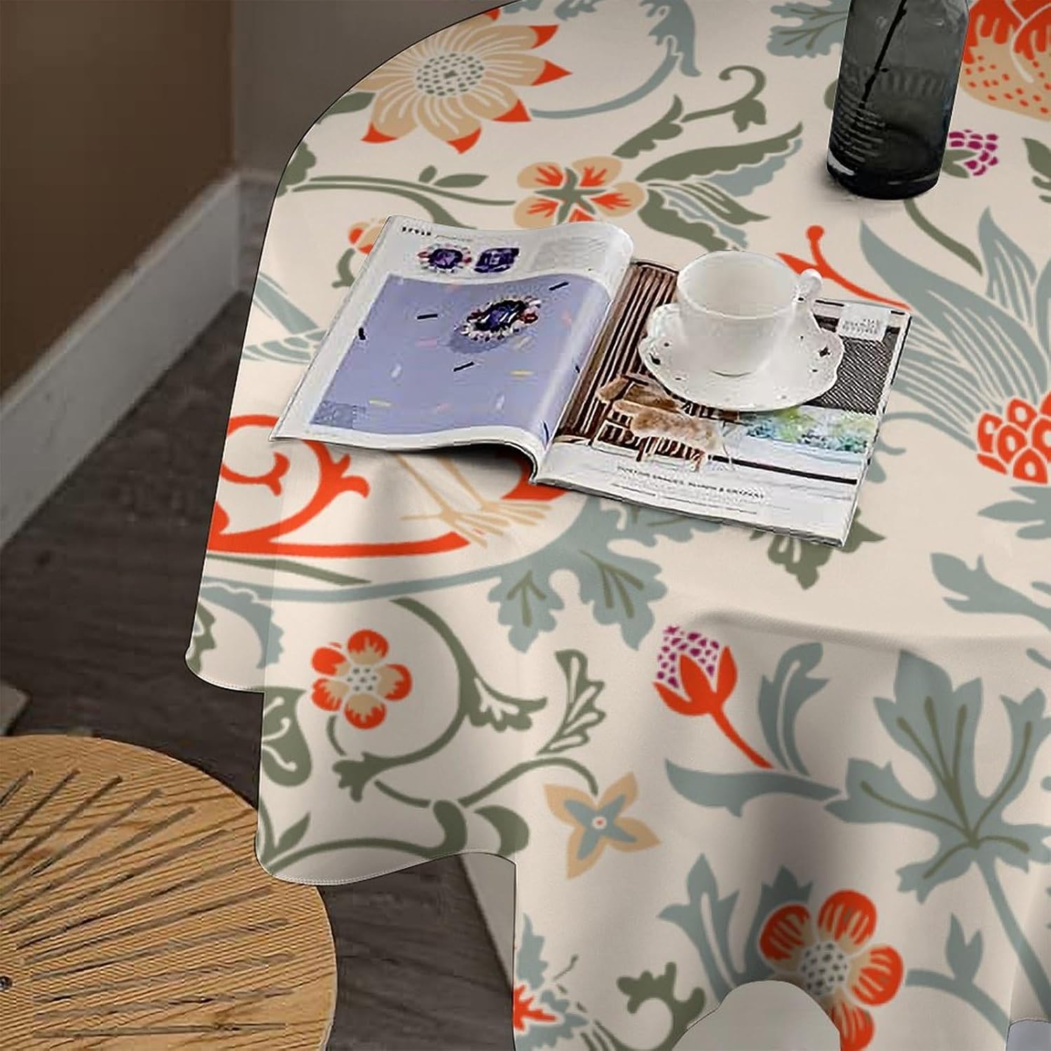 William Morris Tablecloth, Vintage Rustic Classic Art Nature Plant Floral Bird Round Print for Home Party Dining Room Kitchen Round 60 Inch