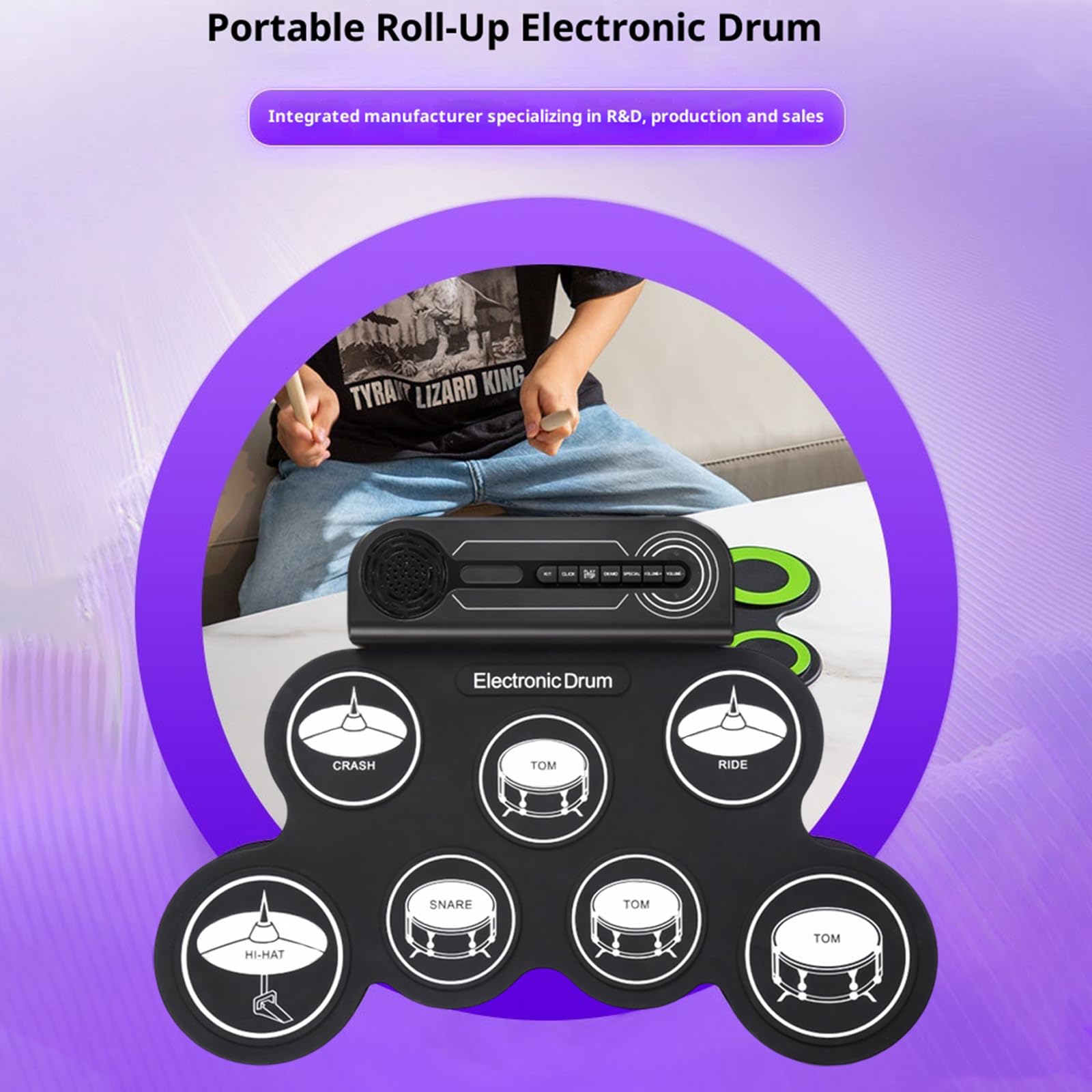 Kit de batería enrollable flexible con altavoz, pad de percusión portátil, 7 pads, instrumento creativo para adultos y niños principiantes, instrumento musical negro