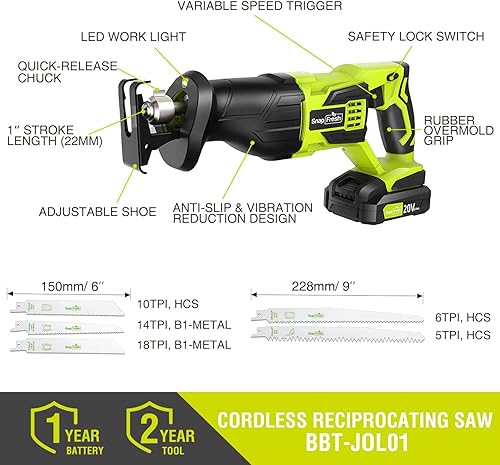 Vista 3 de SnapFresh Sierra recíproca inalámbrica de 20 V, 3000 SPM, disparador de velocidad variable, cambio de hoja sin herramientas, luz LED, ligera