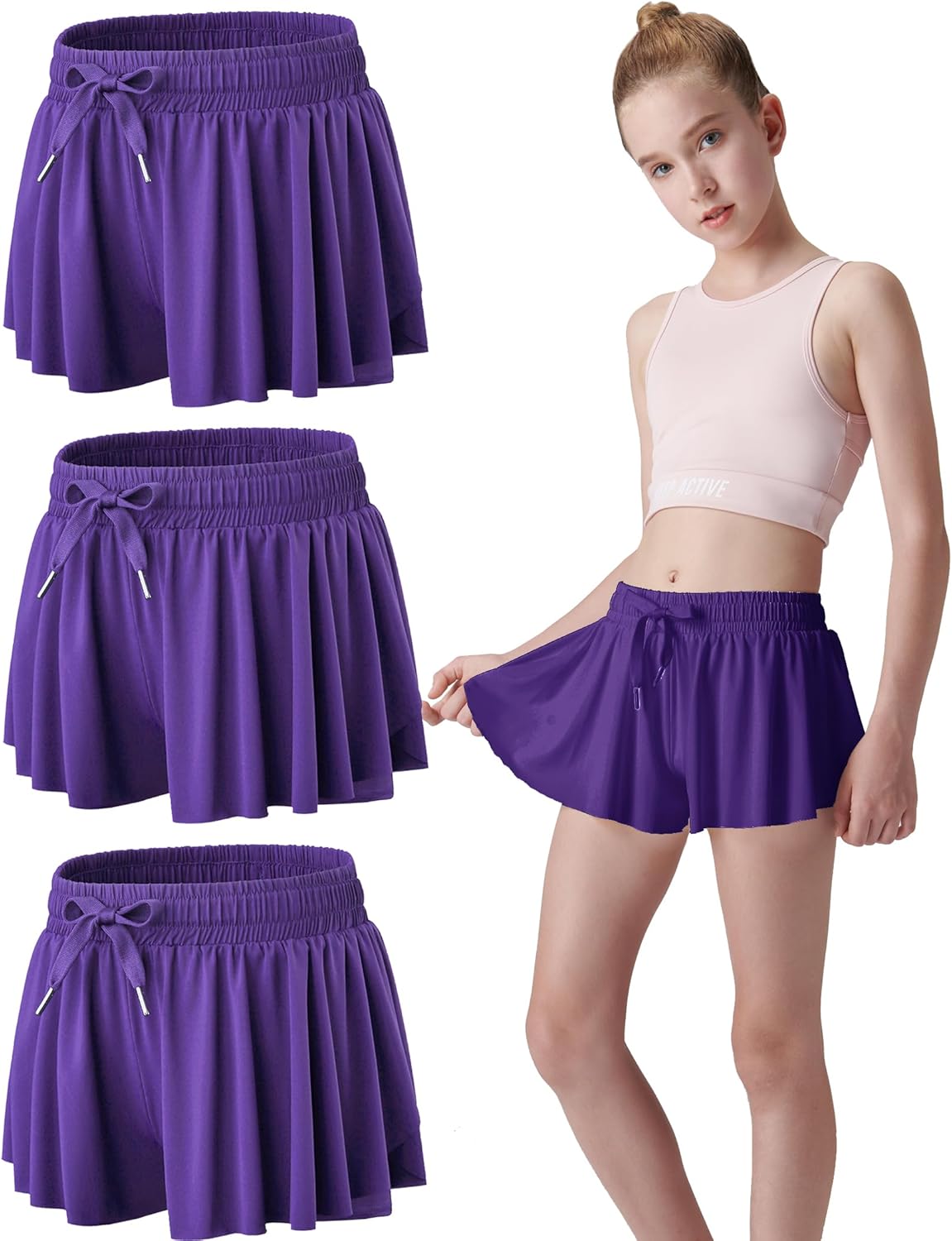 3 Pack Girls Flowy Shorts with Spandex Liner 2-in-1...
