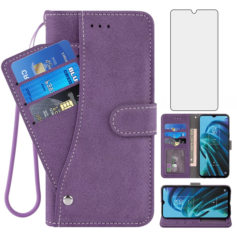 Compatible with TCL 30XE/30V/4X/20AX/20A/20R/Bremen 5G Wallet Case and Tempered Glass Screen Protector Flip Credit Card Holder Stand Cell Phone Cover