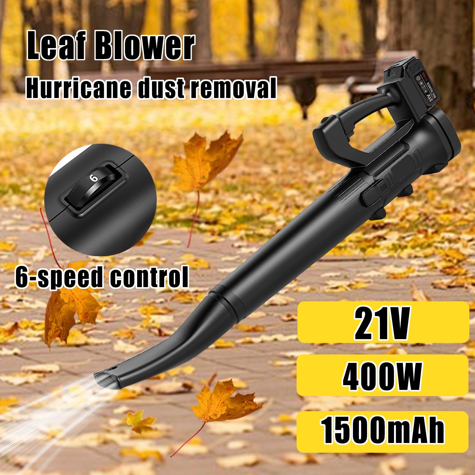Soplador eléctrico de hojas, 6 velocidades, potencia de succión 708 m³/h, aspirador trituradora para hojas, hojas caídas, polvo, nieve (no cargador, negro)