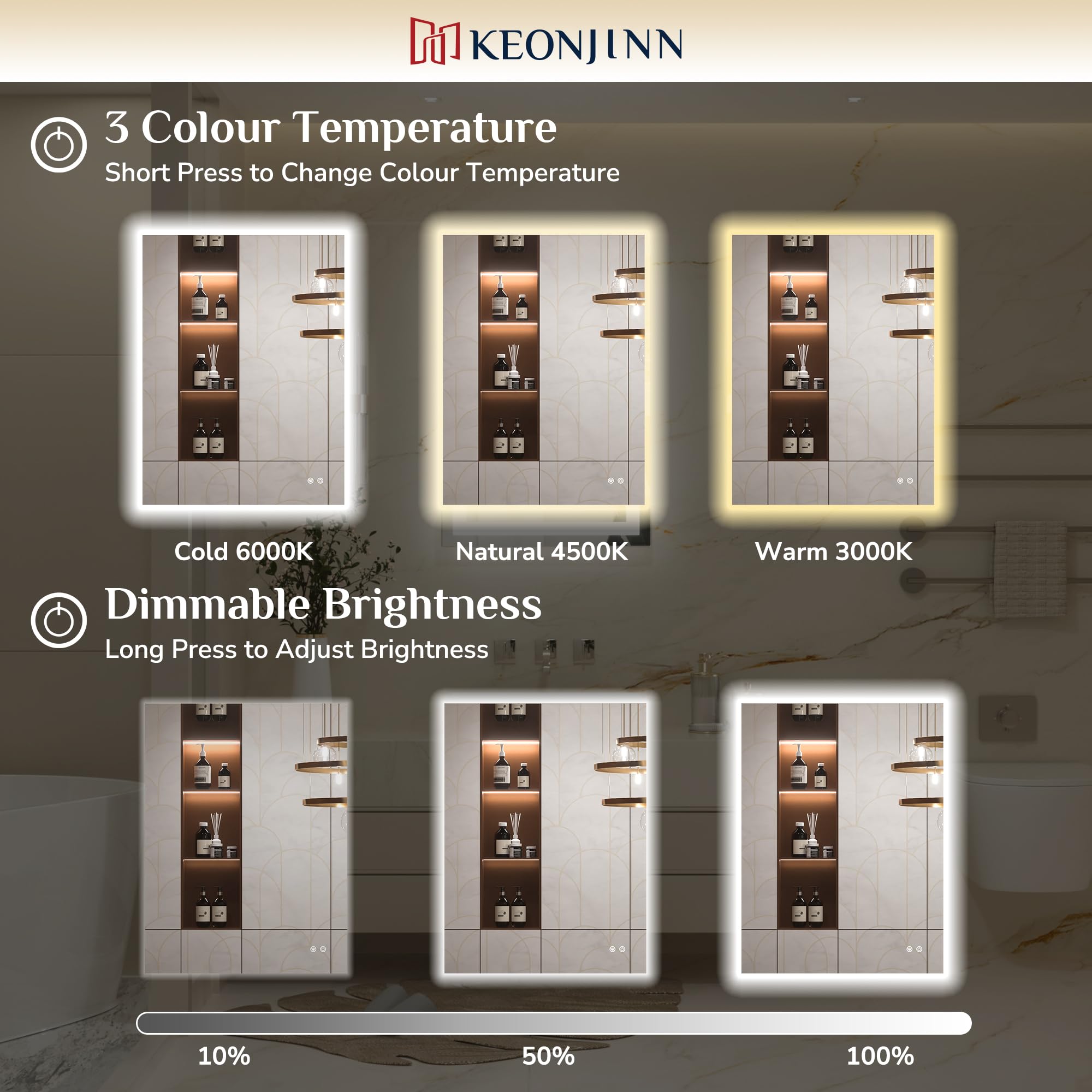Keonjinn 100x80cm Miroir LED Salle de Bain avec Eclairage, Miroir Carré Rétroéclairé Antibuée, 3 Couleurs Lumière, Gradable, Mémoire, Verre Trempé IP44 Étanche, Horizontal/Vertical