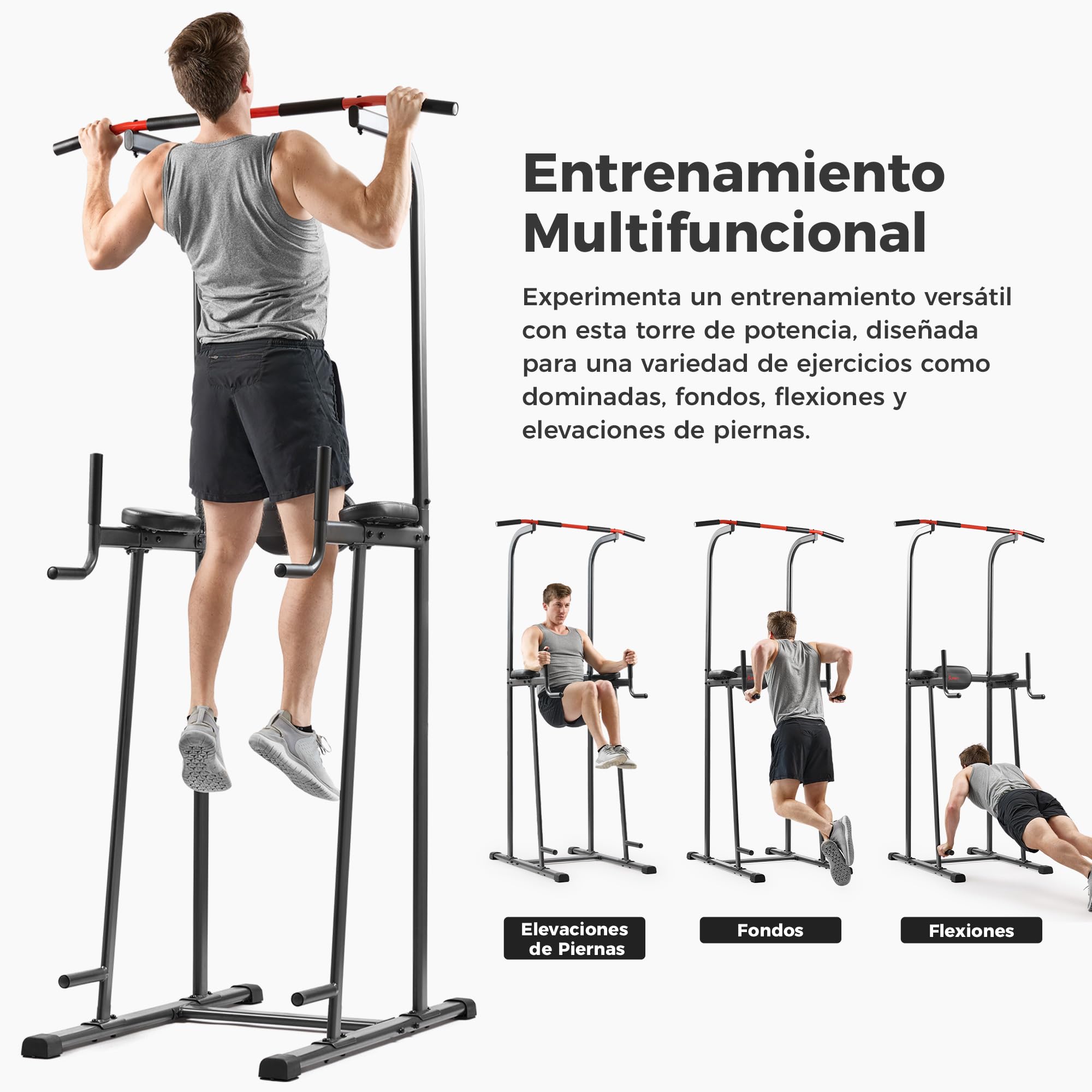 Sunny Health & Fitness Torre de Potencia, Barra para Fondos, Estación de Paralelas con Asistencia para Flexiones y Dominadas, con Agarre Opcional Tipo Escalada