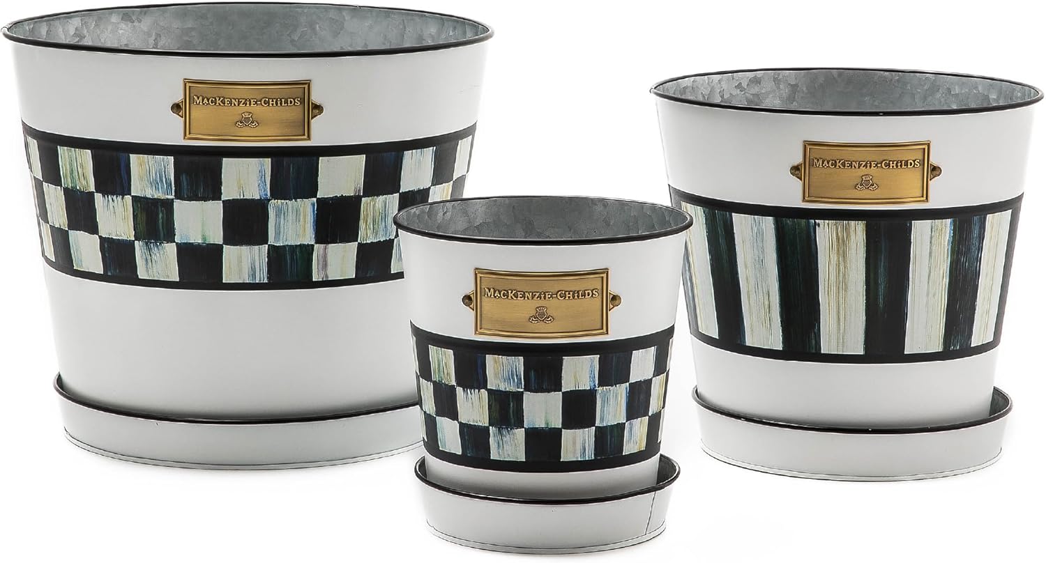 MACKENZIE-CHILDS Galvanized Flowerpots and Saucers, Set of 3, Black-and-White Spectator