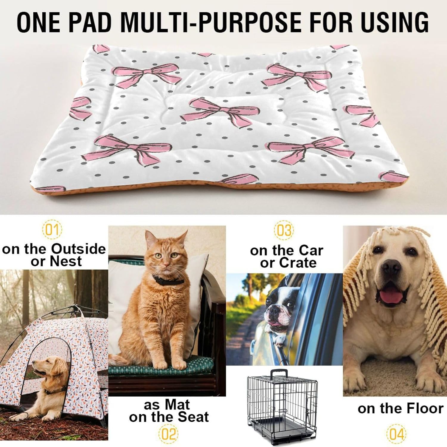 YETTASBIN Bow Pink Crate Pet Bed, Portable Washable Dog Cat Mat, Soft Comfortable Pet Mattress with Non-Slip Bottom for Dogs Cats Sleeping, 24 x 18 Inch