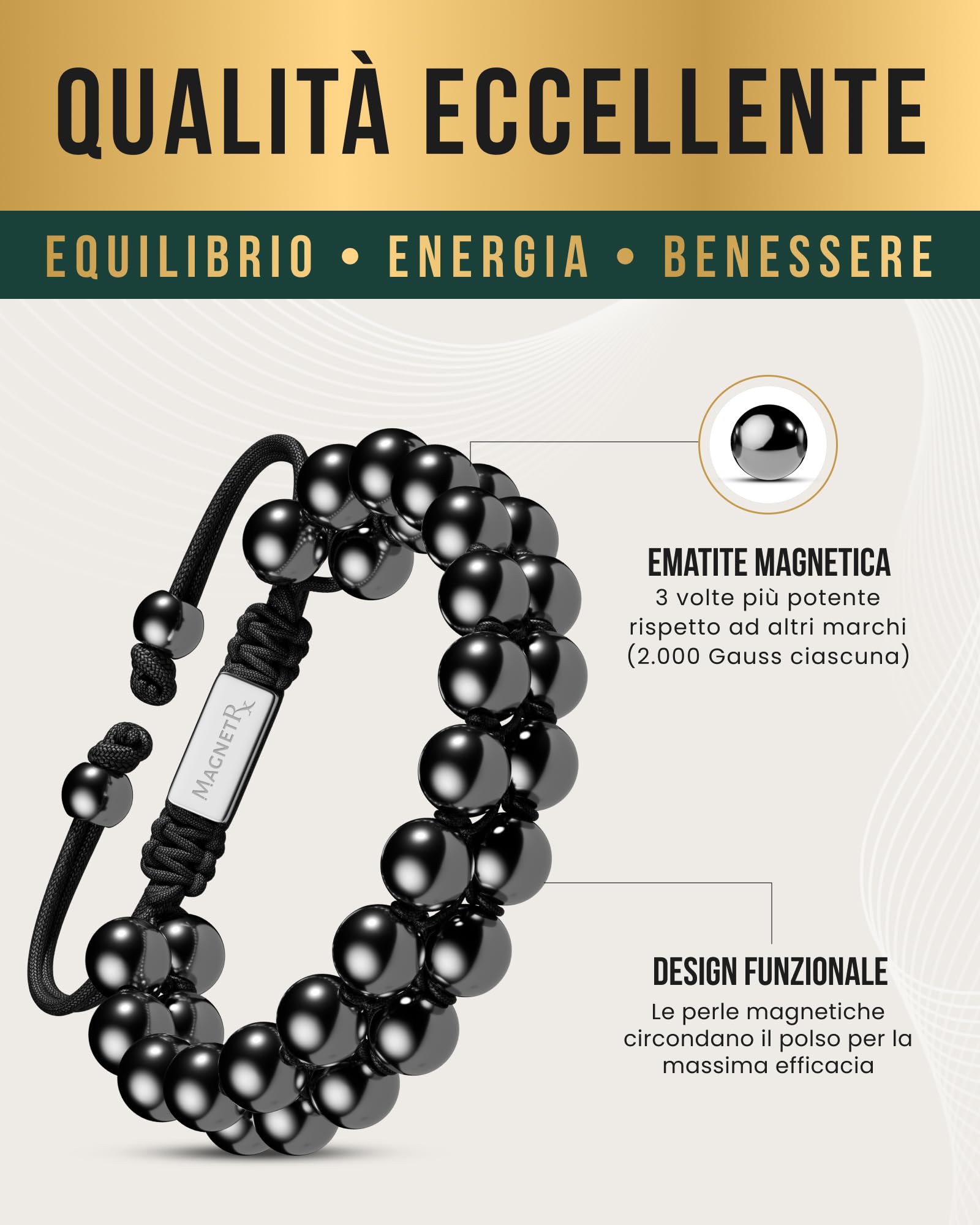 MagnetRX® Bracciale Magneticoin Ematite – Elegante Braccialetto Magnetico Regolabile – Realizzato a Mano (Double Strength 8mm)