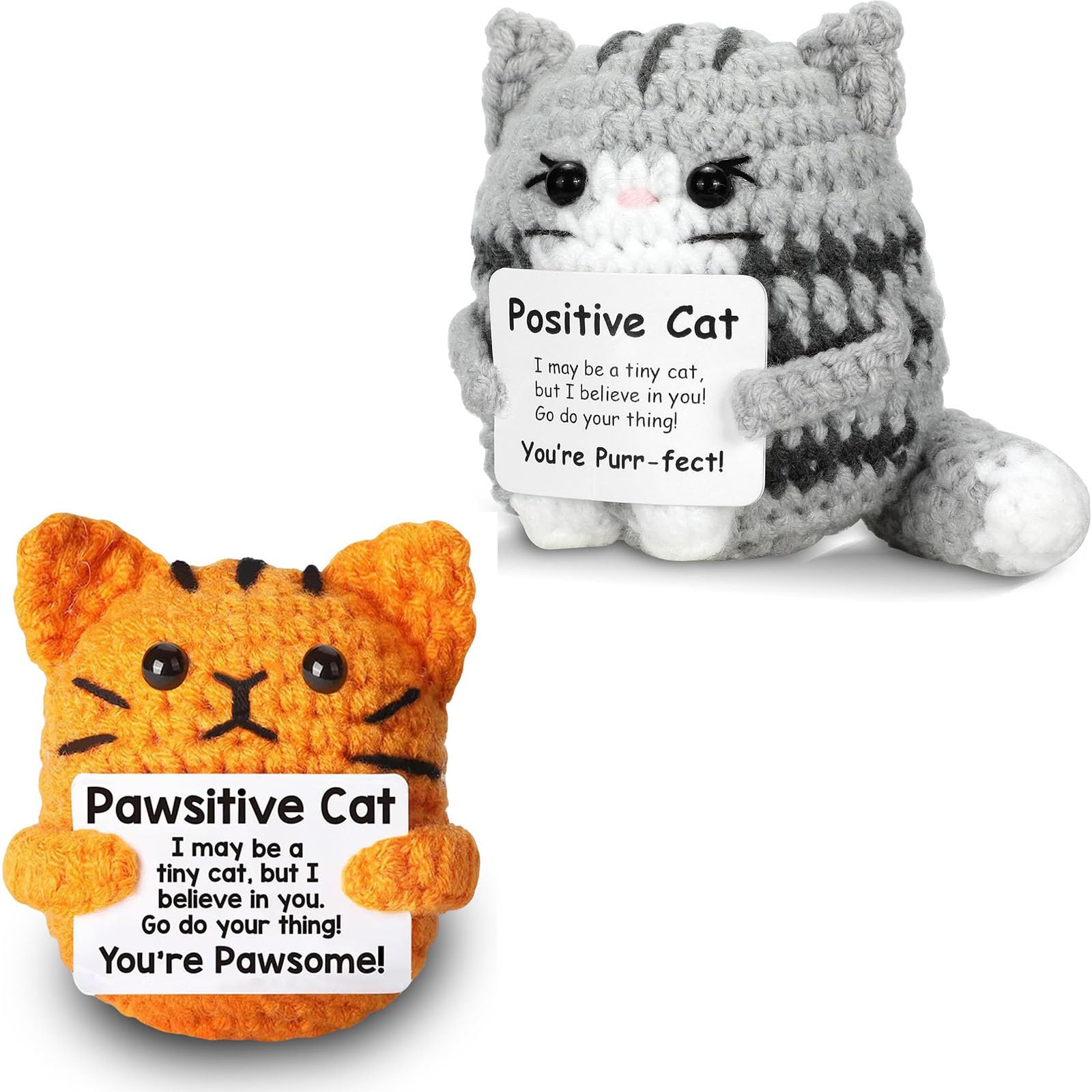 GETFACAI 2PCS Positive Cat Crochet Set, Emotional Support Gift for Women, Handmade Crochet Animals With Positivity Messages, Cat Presents for Women, Desk Decor or Travel Companion ﻿