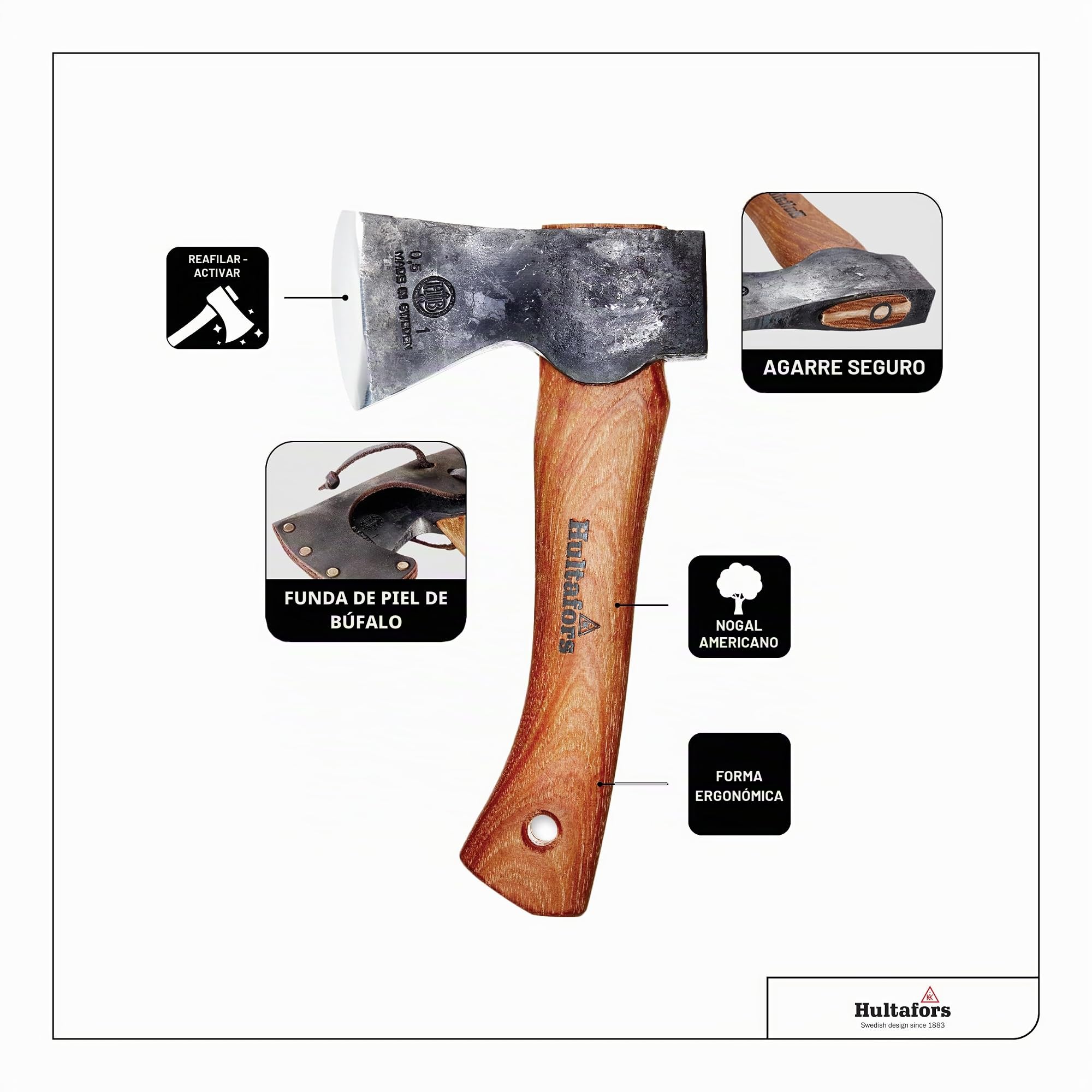 Destral Agelsjön forjada a Mano de 235mm Hecho de Acero Sueco I Hultafors I Hecho en Suecia I Hacha 775g Mango de Madera de Nogal Americano y Funda Protectora de Cuero I para reafilar I 841760