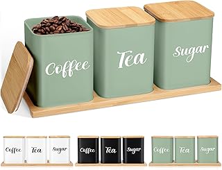 Tioncy Coffee Tea Sugar Container with Tray Set of 3 Airtight Metal Canister with Bamboo Lid Tray for Kitchen Counter Dini...