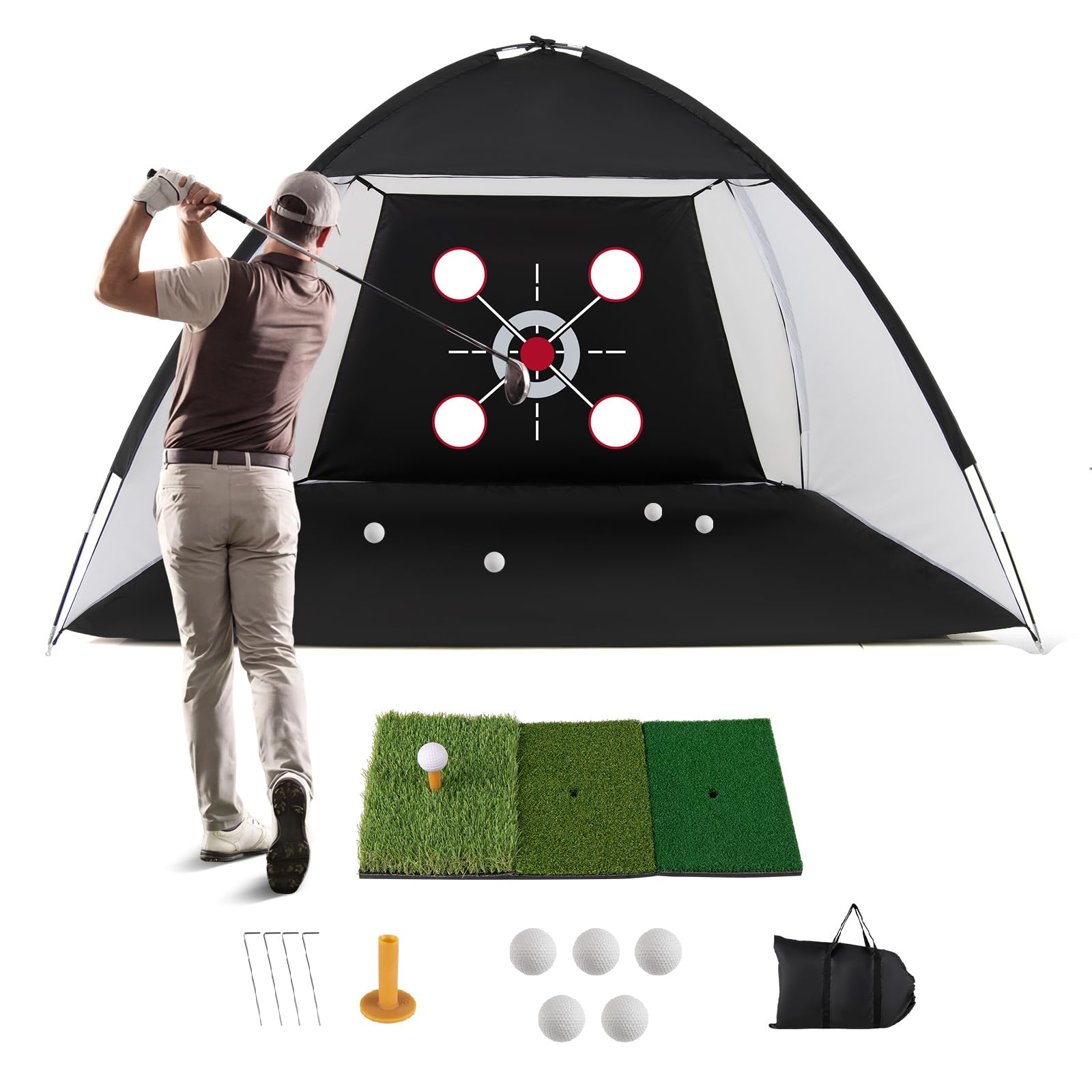 COSTWAY Filet de Golf 3x2M avec Cible Multiples, Filet d'Entraînement de Golf avec Tapis de Frappe Balles Tee Piquets Sac Transport, Intérieur&Extérieur au Drive Chip Swing, Débutant&Golfeur
