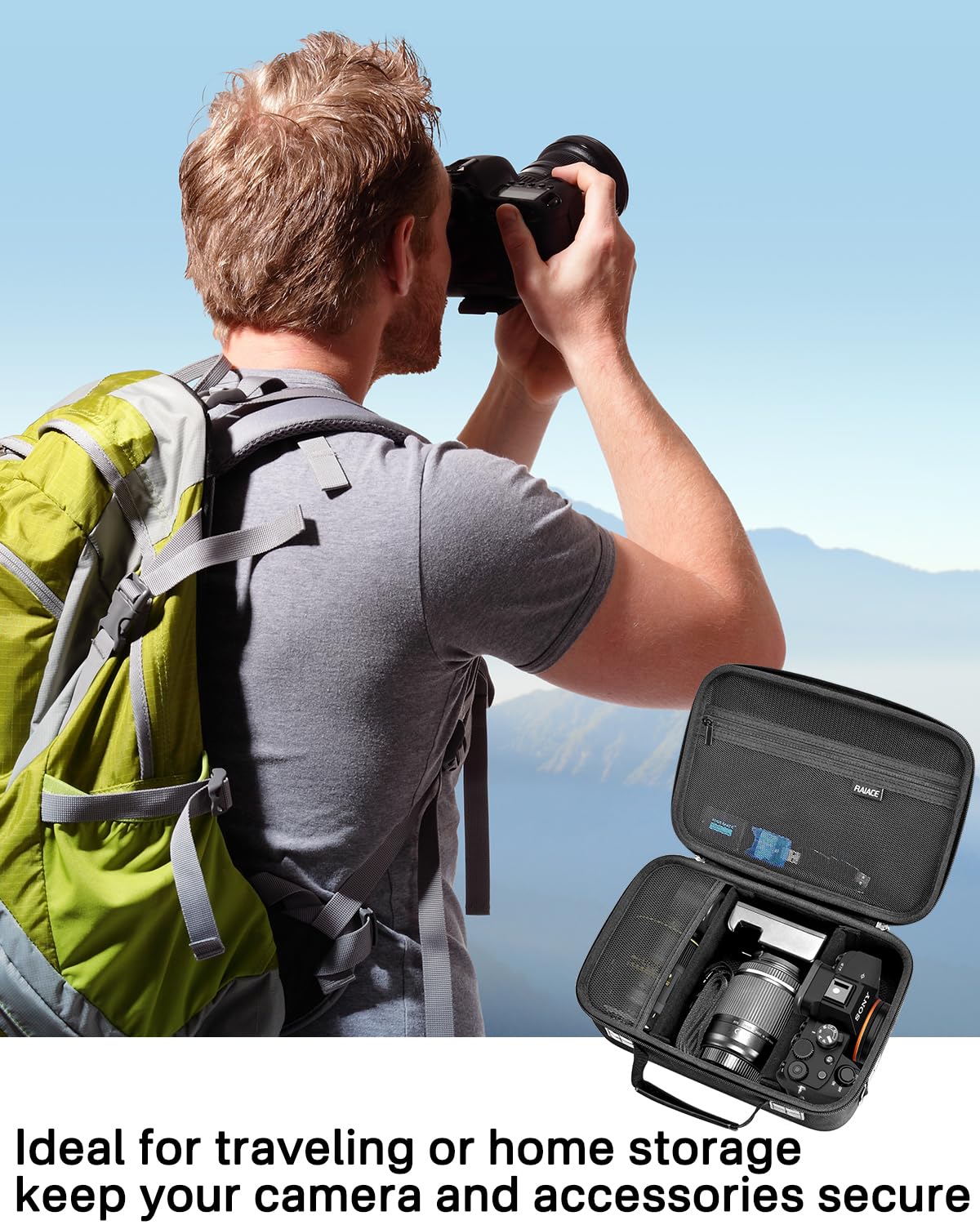 RAIACE Twarda obudowa kompatybilna z aparatem Sony Alpha 7 II III IV/7R V, do Nikon, Canon, Pentax i wielu innych. Z kieszenią z siatki na obiektyw, ładowarkę, kabel i akcesoria. - czarna