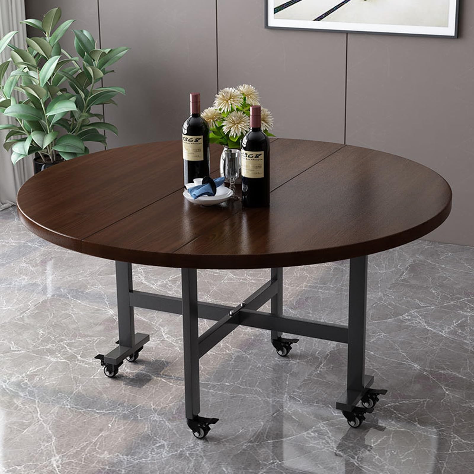 Faltbarer runder Esstisch mit Rollen, platzsparender 140 cm Tisch für Zuhause und Partys, einfache Montage, braune Oberfläche, modernes Design und bequeme Mobilität