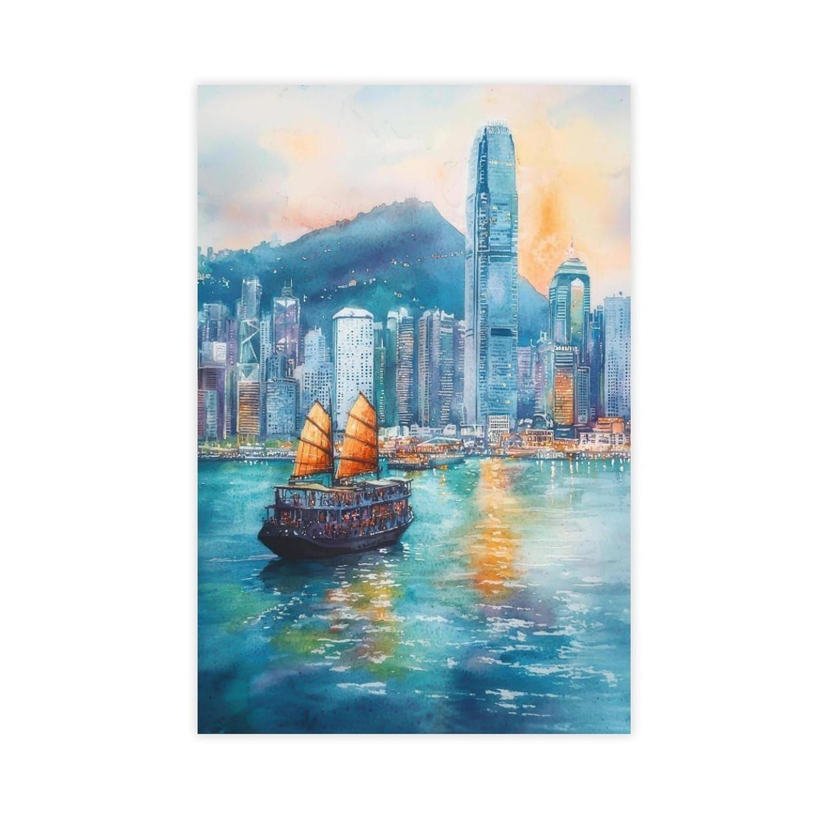 QOGDAF Hong Kong Watercolor Painting Canvas Poster Bedroom Decor Landscape Office Room Decor Gift 12x18inch(30x45cm)