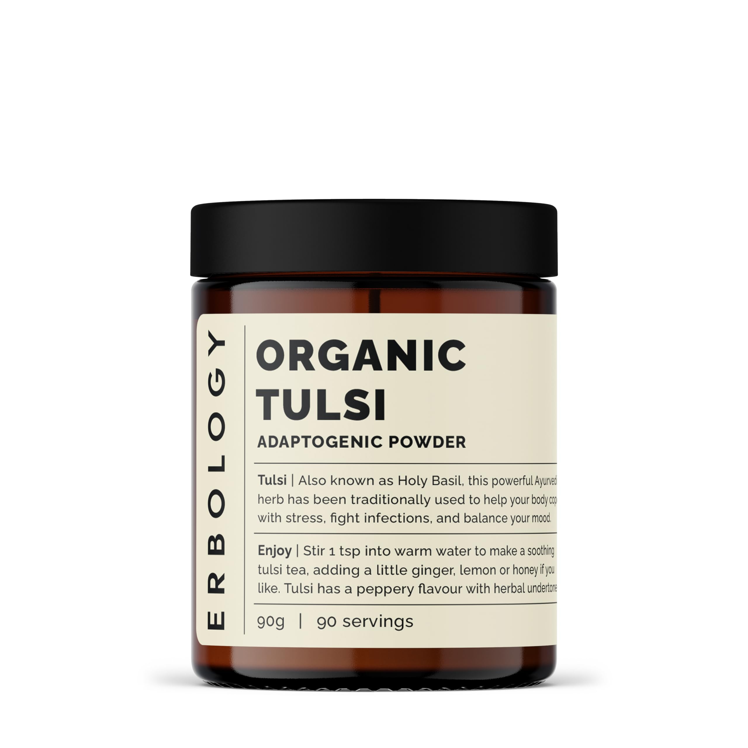 Erbology Organic Tulsi Powder 90g - 90 Servings - Holy Basil - Calm and Mood - Sustainably Sourced Straight from Farm in India - Small Batch - Vegan - GMO-Free - Recyclable Glass Jar