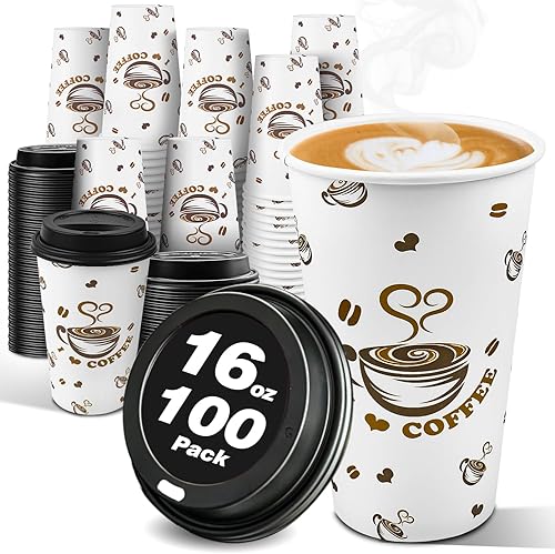 Ginkgo Paquete de 100 tazas de café de papel desechables con tapas, de 16 onzas, tazas calientes para llevar para coco caliente, chocolate y bebidas