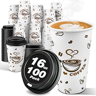 Ginkgo 100 Pack Disposable Paper Coffee Cups with Lids 16 oz, To Go Hot Cups for Hot CoCoa, Chocolate and Drinks