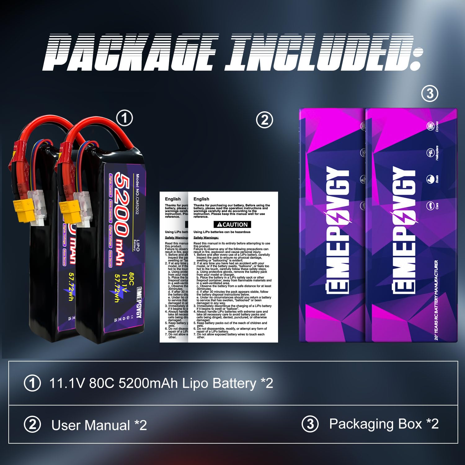 Lot de 2 batteries Lipo 11,1 V 3S 5200 mAh 80 C Lipos Étui souple avec connecteur XT60 pour voiture, avion, hélicoptère, bateau, course RC Hobby
