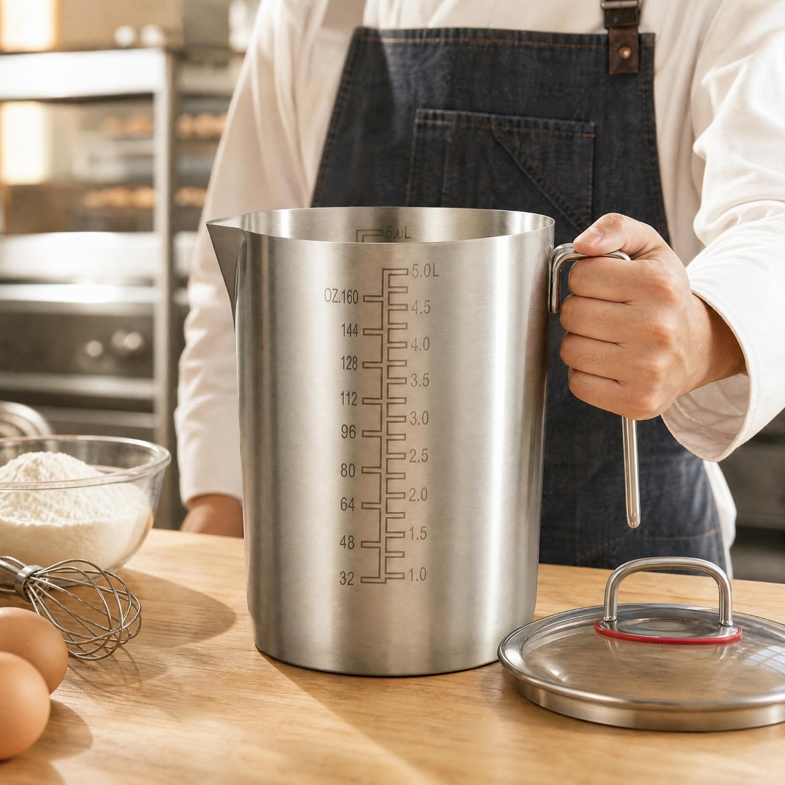 Vaso Medidor Acero Inoxidable Resistente Medidora con Asa y Vertedor Vertedor para Cocineros Caseros, Pasteleros, 5000ML, Tapa Vidrio