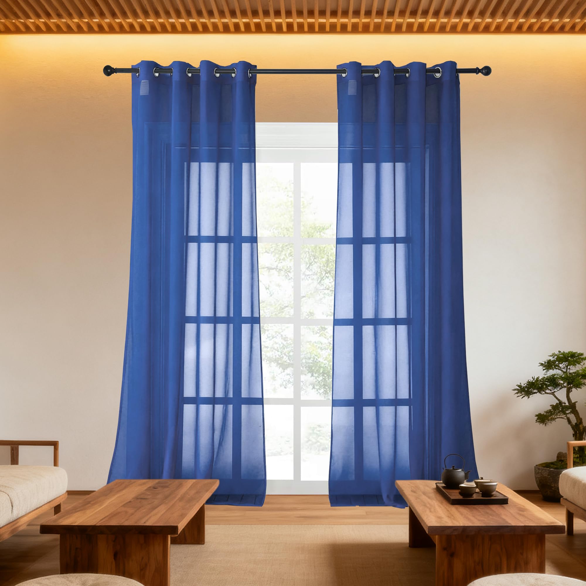 Voilage fenetre 340x350 haut de plafond rideau transparent bleu fonce