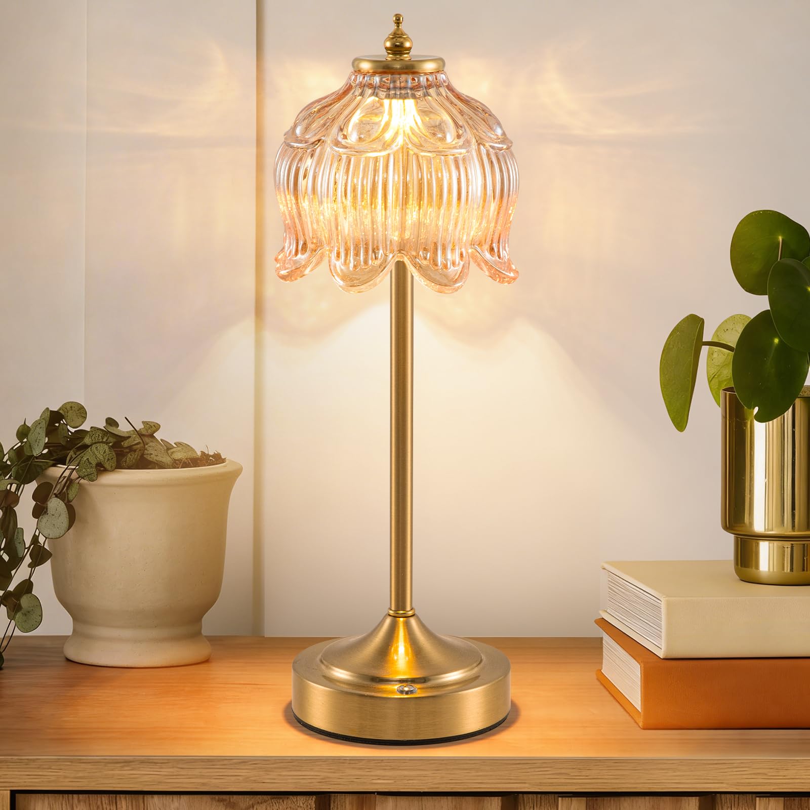 EIDEARAY Rechargeable Table Lamp, Battery Operated Table Lamp, Cordless LED Amber Rose Glass Lamps with Dimmable, Decorative Touch Lamps for Living Room โ image 1