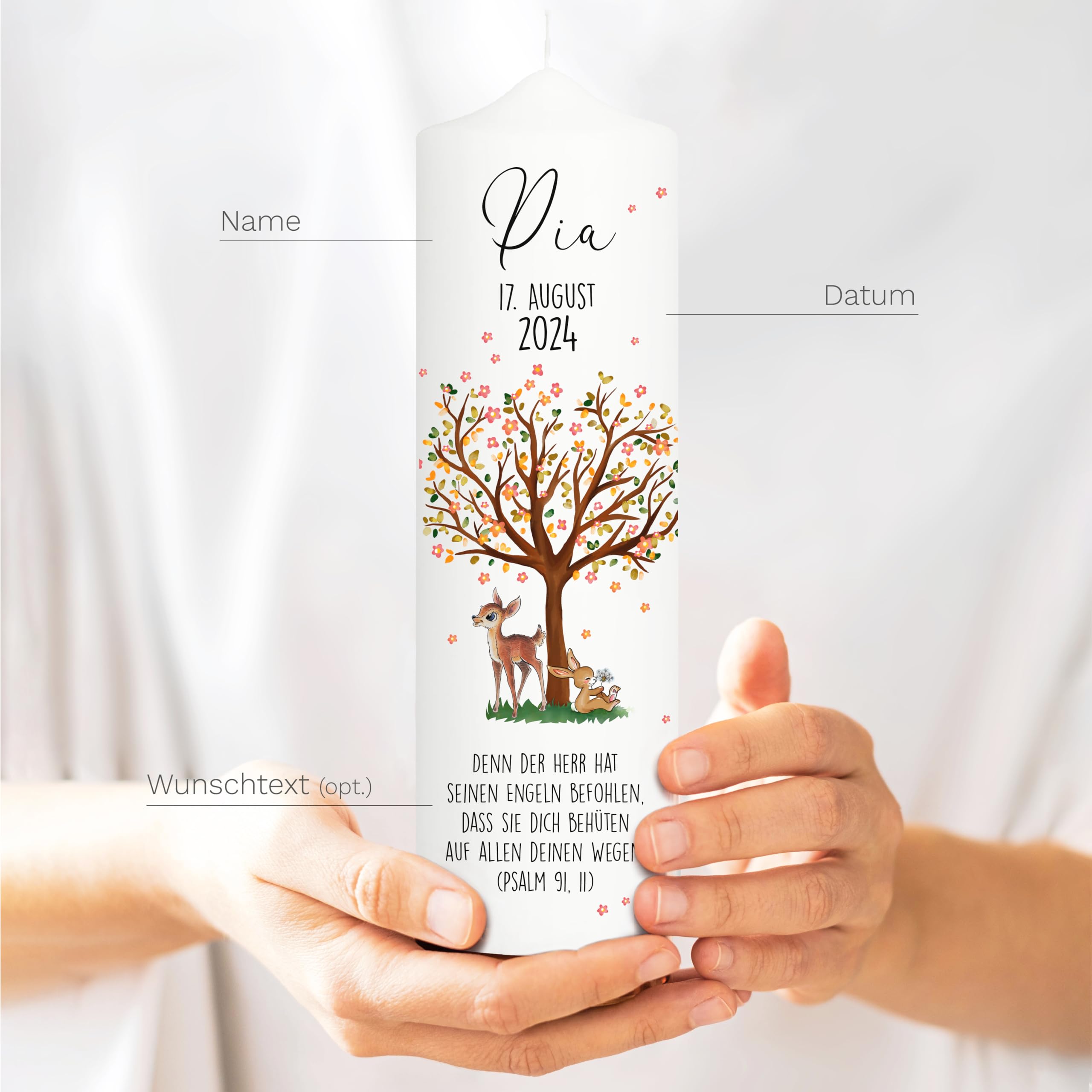 Wandtattoo Loft Taufkerze Mädchen oder Junge mit Taufspruch, Motiv mit Baum, Reh und Hase, 25cm x 8cm, personalisierte Kerze, bedruckte Kerze zur Taufe, Stumpenkerze, individuelles Taufgeschenk