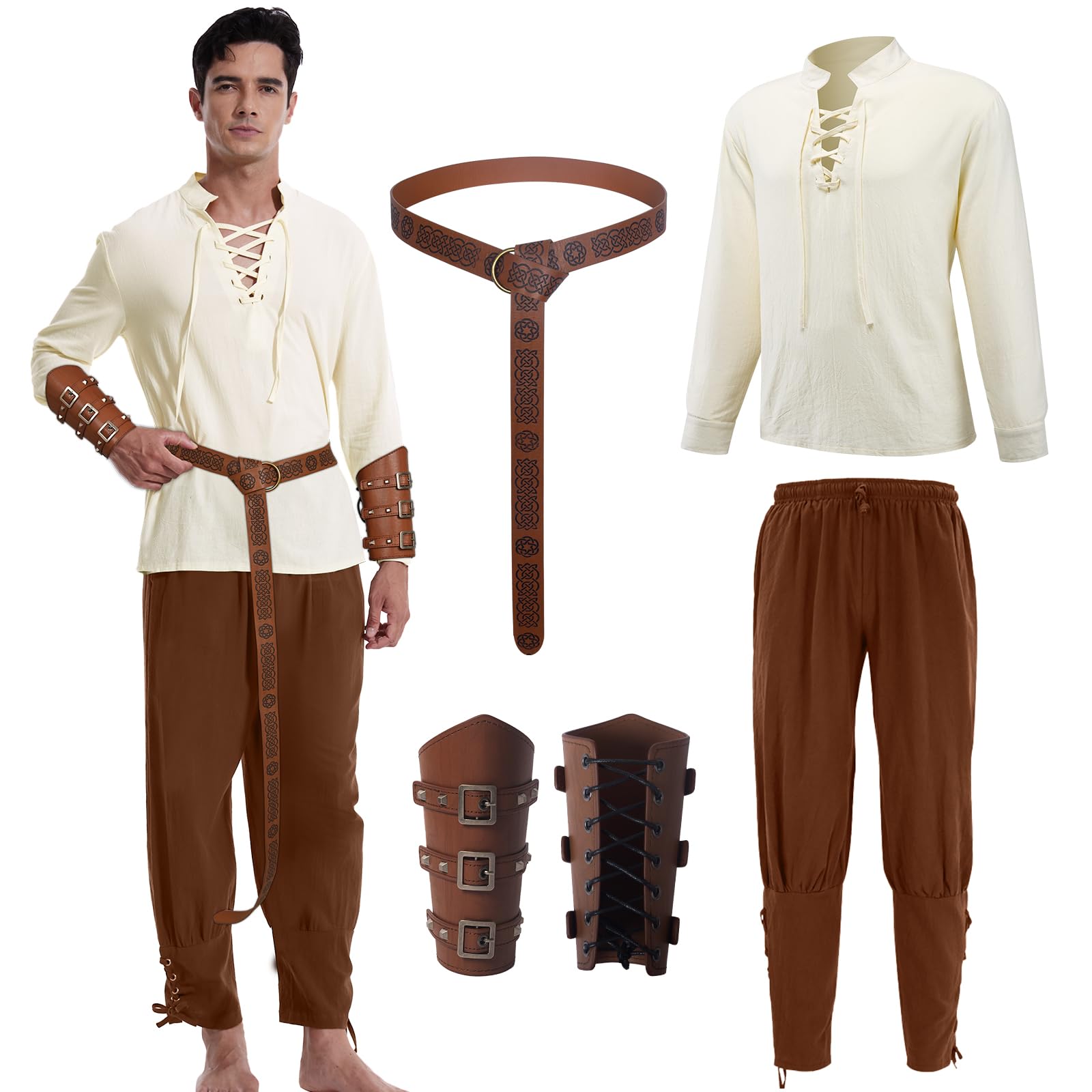 AFJIODUV 4 Pcs Medieval Costume Men V-Neck Shirts Pants Set, Renaissance Viking Costume Men with Arm Guards/Knight Belt, Men's Pirate Shirt for Carnival, Cosplay Parties (Brown, S)