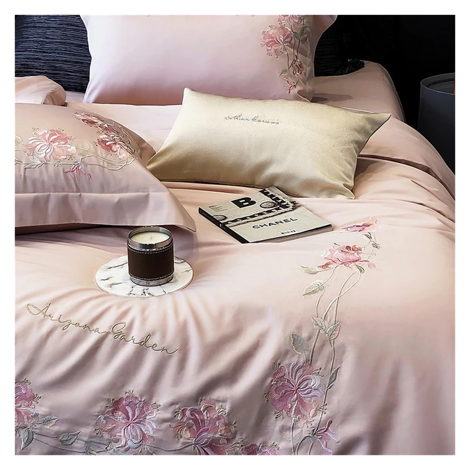 Sbcgfy Pink Bed Four Pieces Set, 100S Egyptian Long Staple Cotton Flowers Embroidery Bedding Set Duvet Cover Set Flat/Fitted Bed Sheet Pillowcases,-Fitted Bed Sheet-King 4Pcs