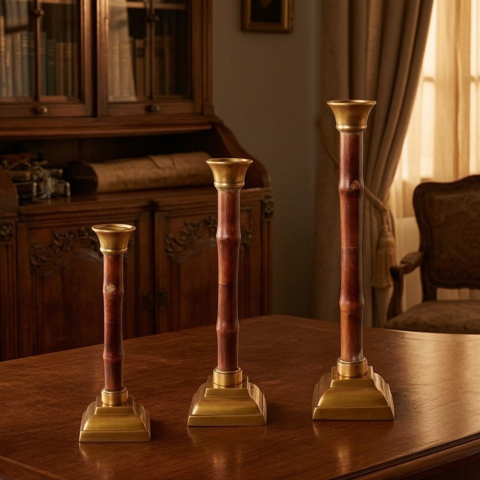 Portacandele in Alluminio e Bambù Elegante Portacandele con Base Squadrata e Stelo in Bambù Atmosferico Candelabro per Console, Serate Tranquille, L